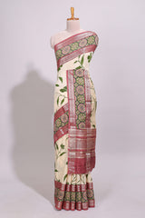 Cream leaf design chanderi cotton saree with contrast bentex zari border andprinted blouse