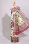 Cream leaf design chanderi cotton saree with contrast bentex zari border andprinted blouse