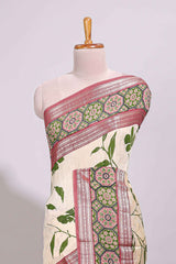 Cream leaf design chanderi cotton saree with contrast bentex zari border andprinted blouse
