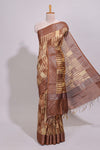 Sandal geometric checked design chanderi cotton saree with contrast zari border and plain blouse