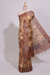 Sandal geometric checked design chanderi cotton saree with contrast zari border and plain blouse