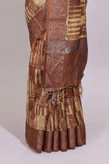 Sandal geometric checked design chanderi cotton saree with contrast zari border and plain blouse