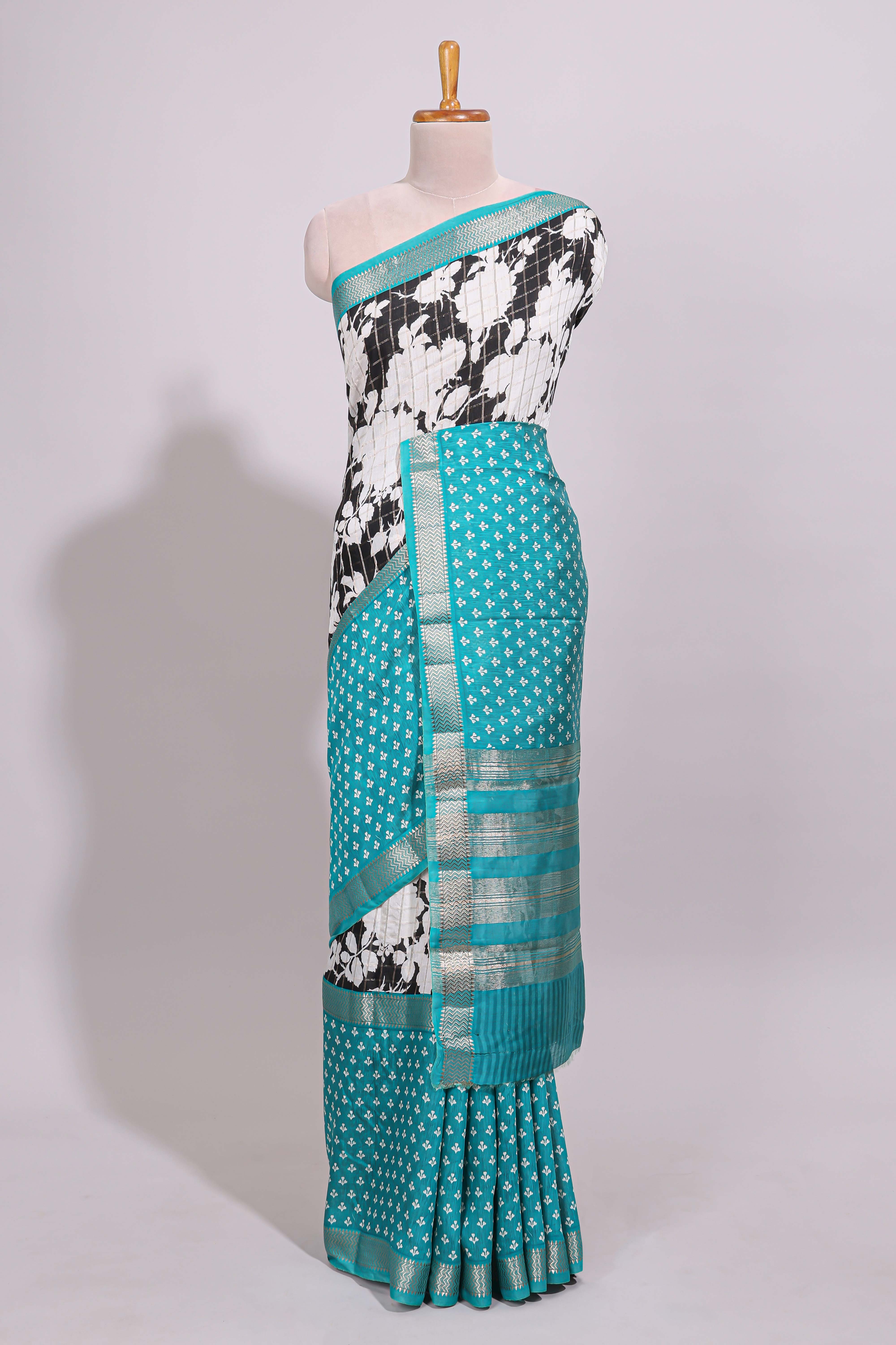 Black checked floral design chanderi cotton saree with contrast zari border and checked blouse
