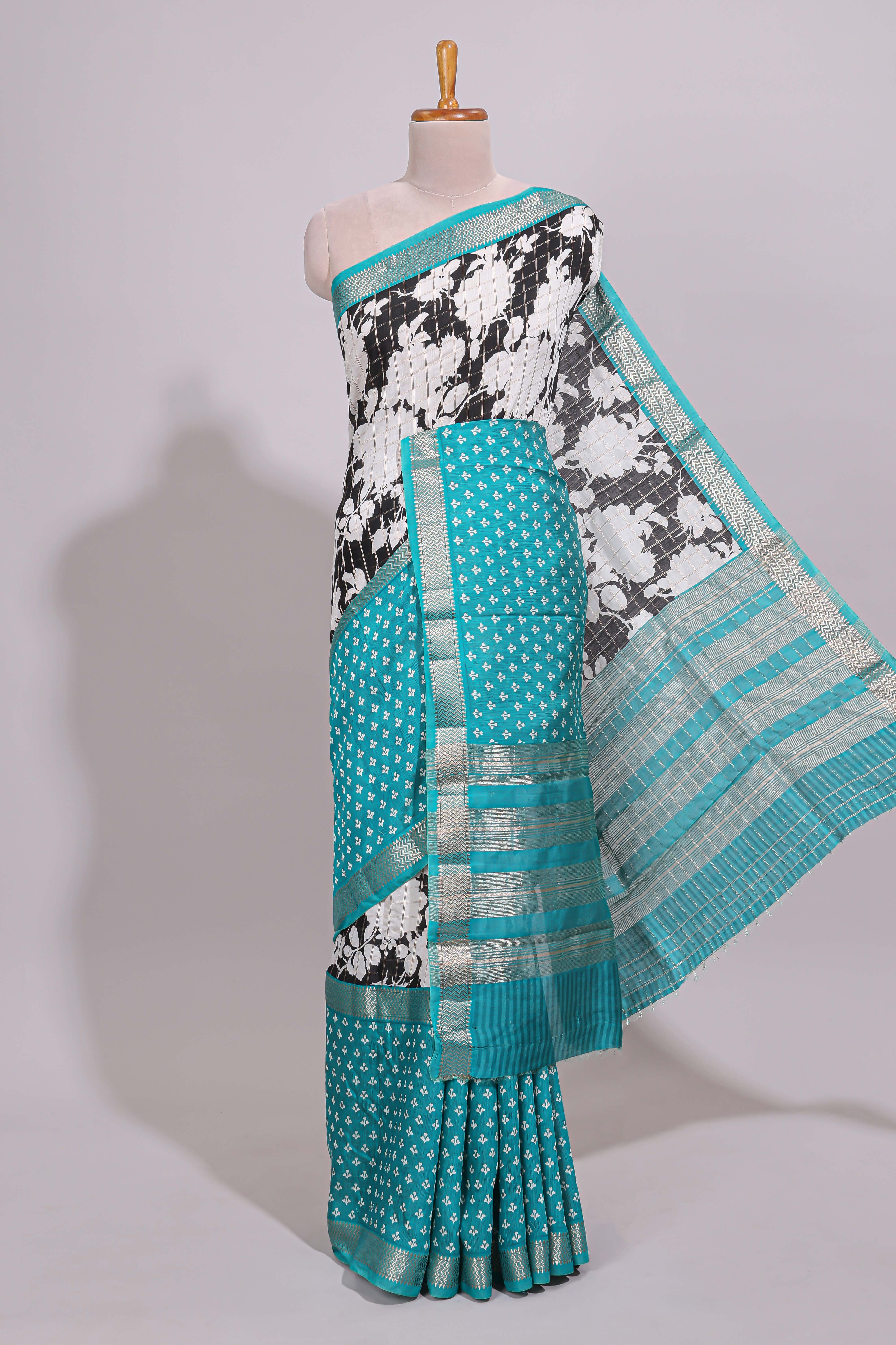 Black checked floral design chanderi cotton saree with contrast zari border and checked blouse