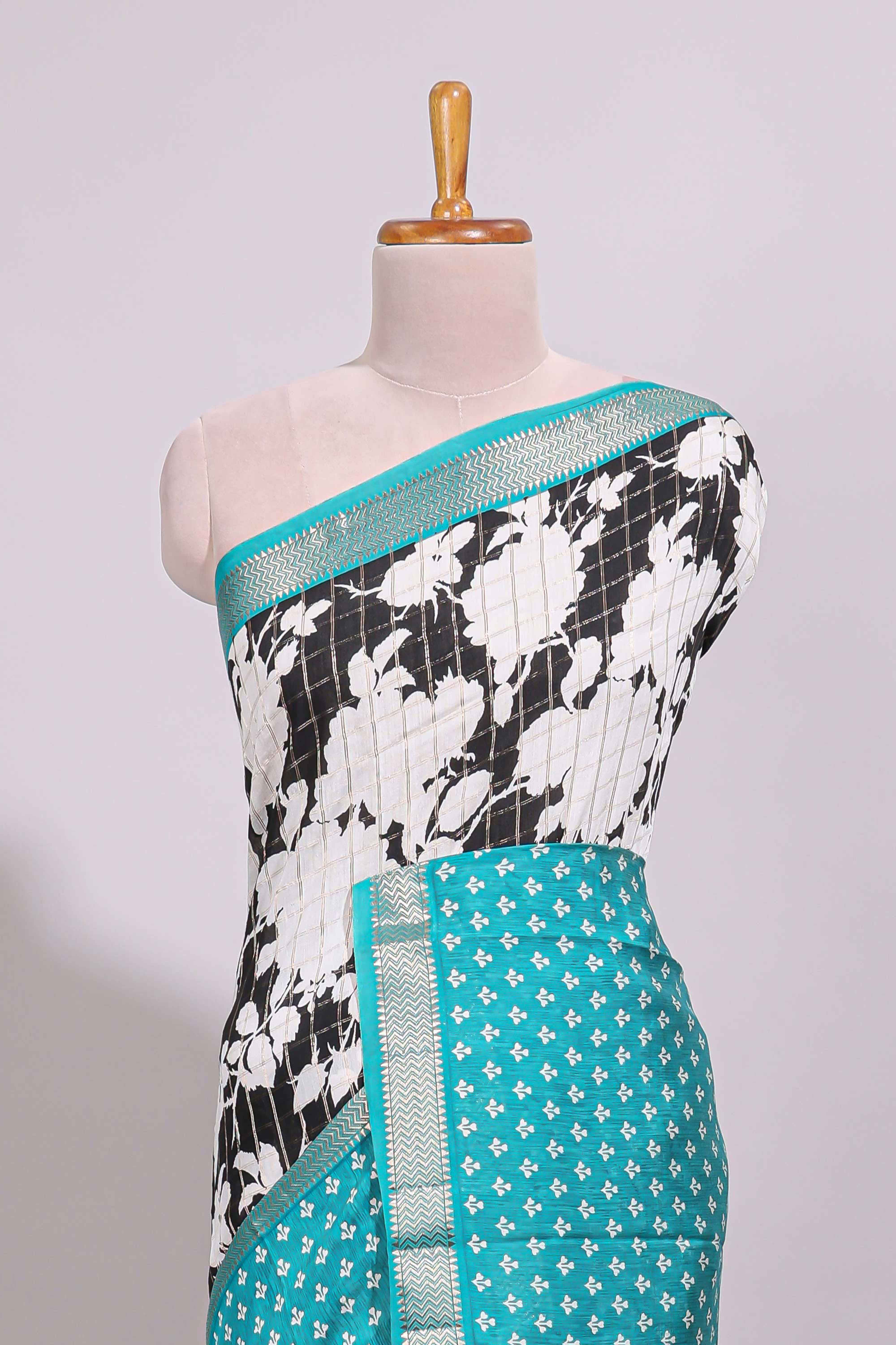 Black checked floral design chanderi cotton saree with contrast zari border and checked blouse