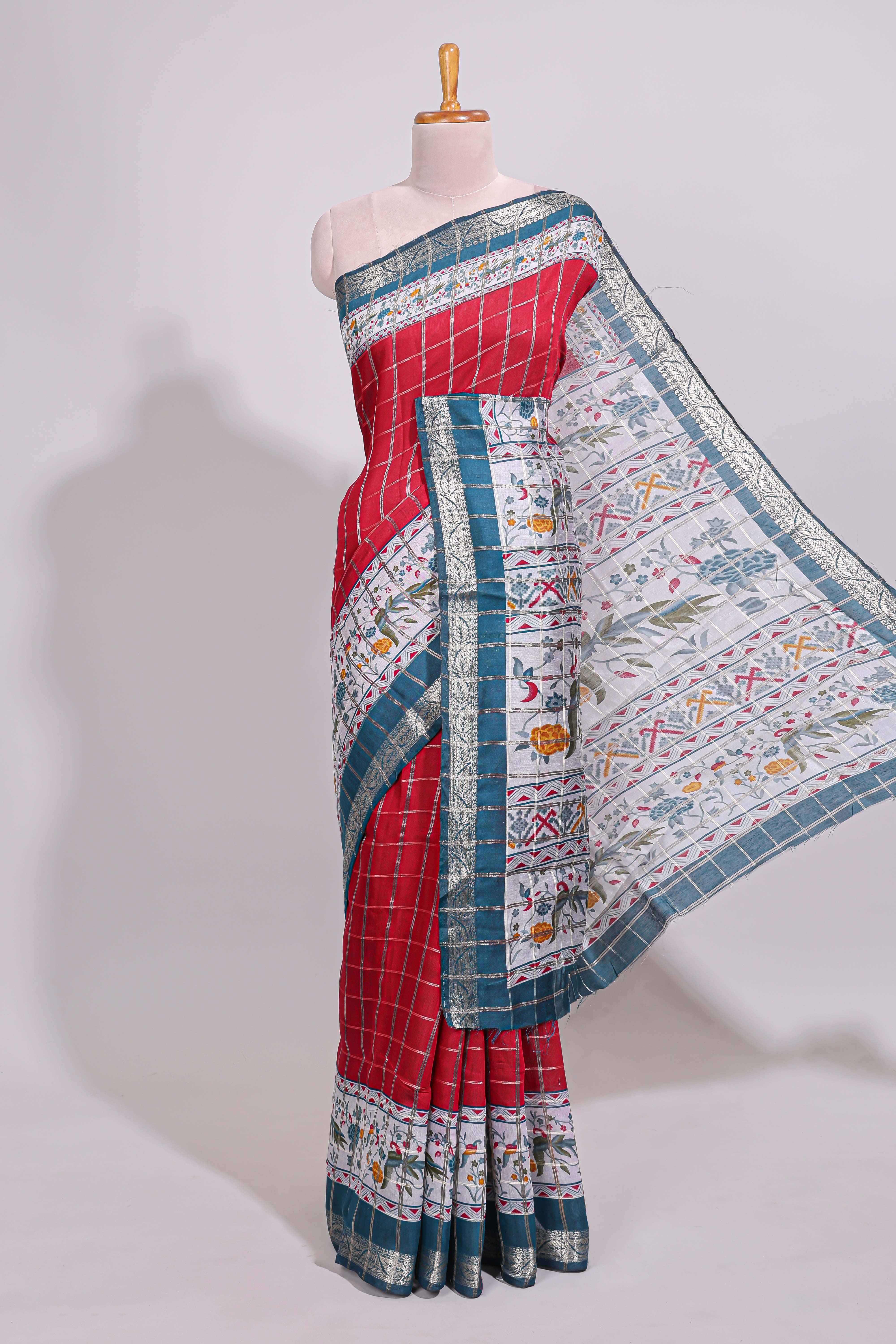 Red checked bottom floral design chanderi cotton saree with contrast border and checked blouse