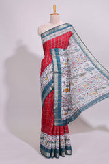 Red checked bottom floral design chanderi cotton saree with contrast border and checked blouse