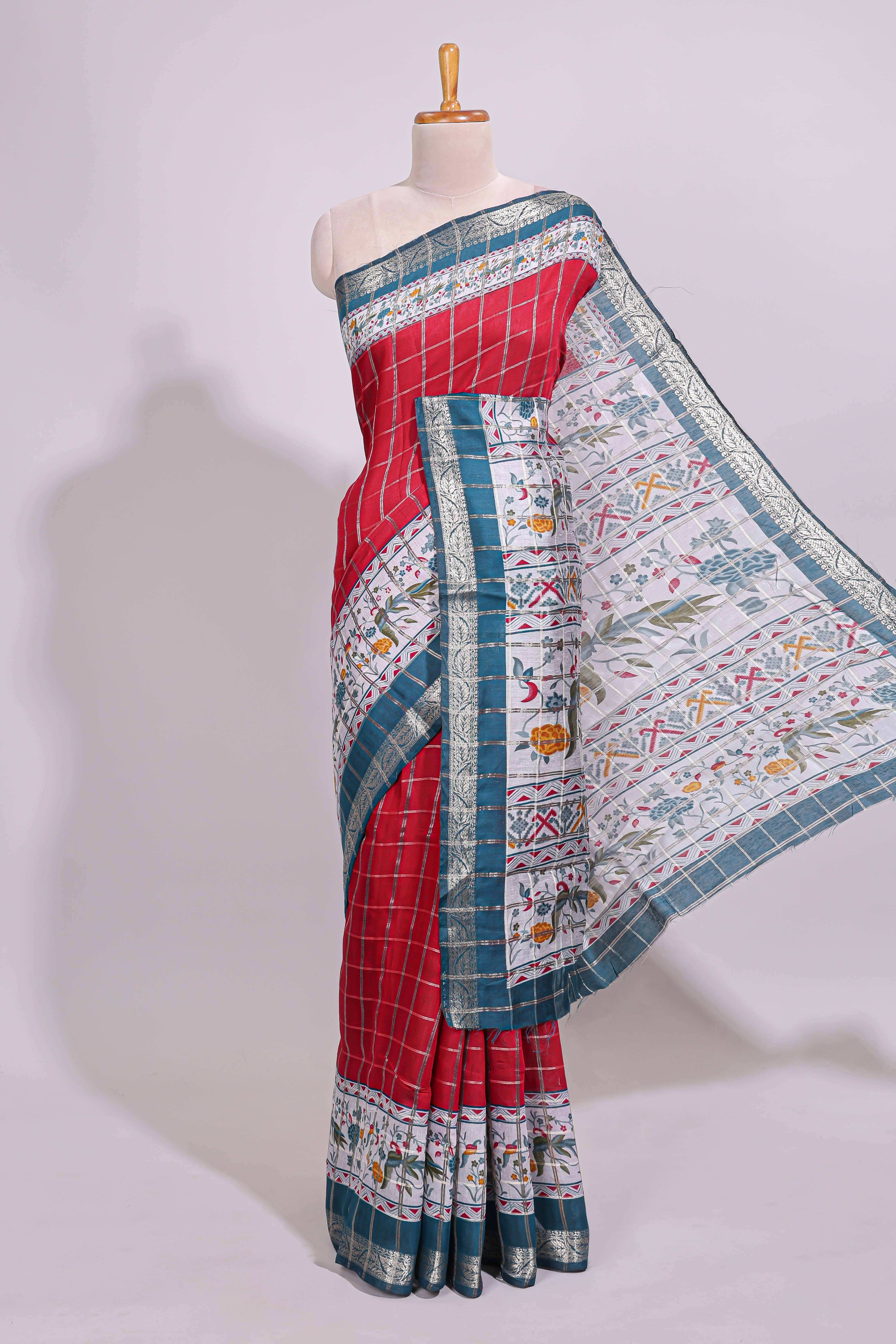 Red checked bottom floral design chanderi cotton saree with contrast border and checked blouse