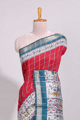 Red checked bottom floral design chanderi cotton saree with contrast border and checked blouse