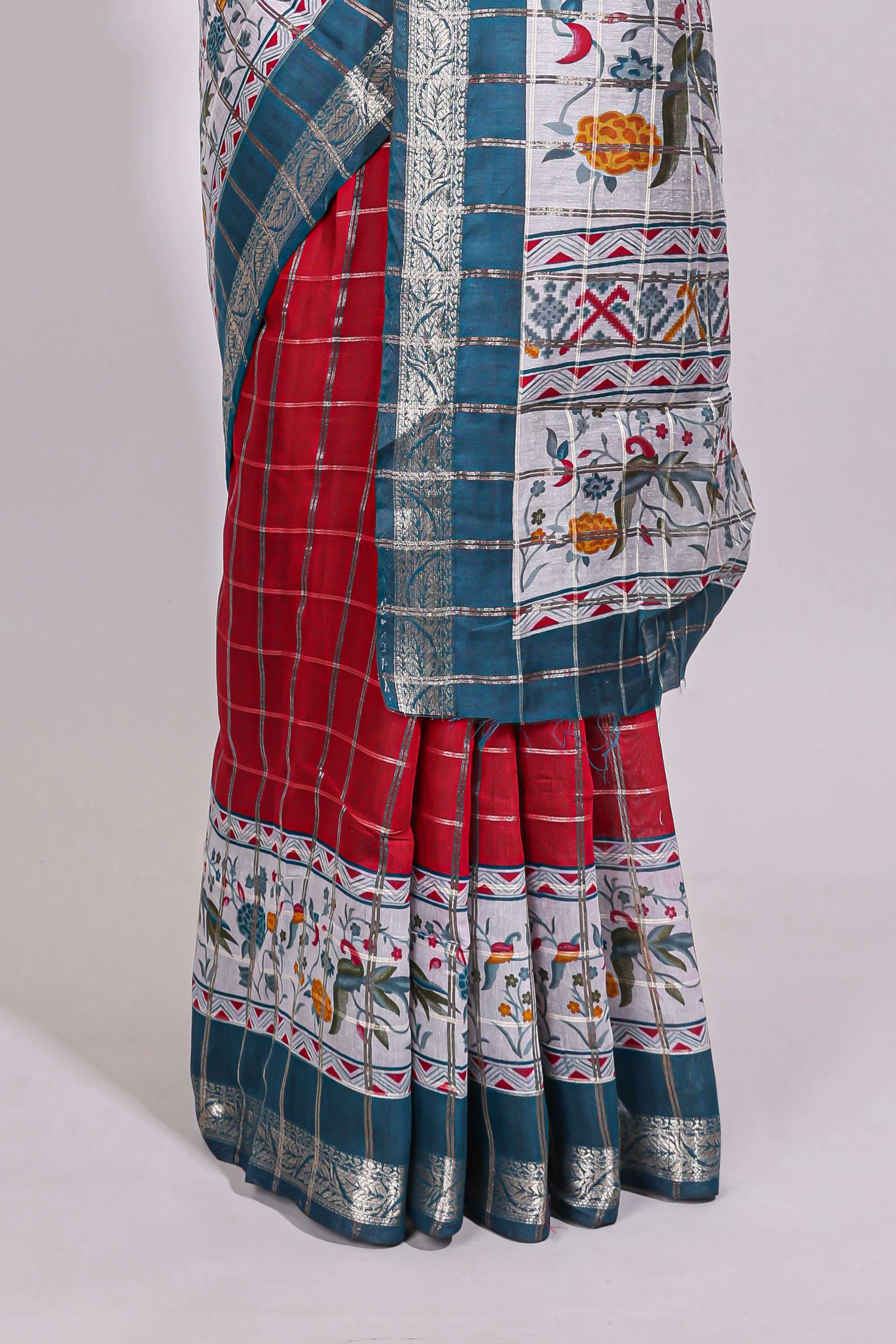 Red checked bottom floral design chanderi cotton saree with contrast border and checked blouse