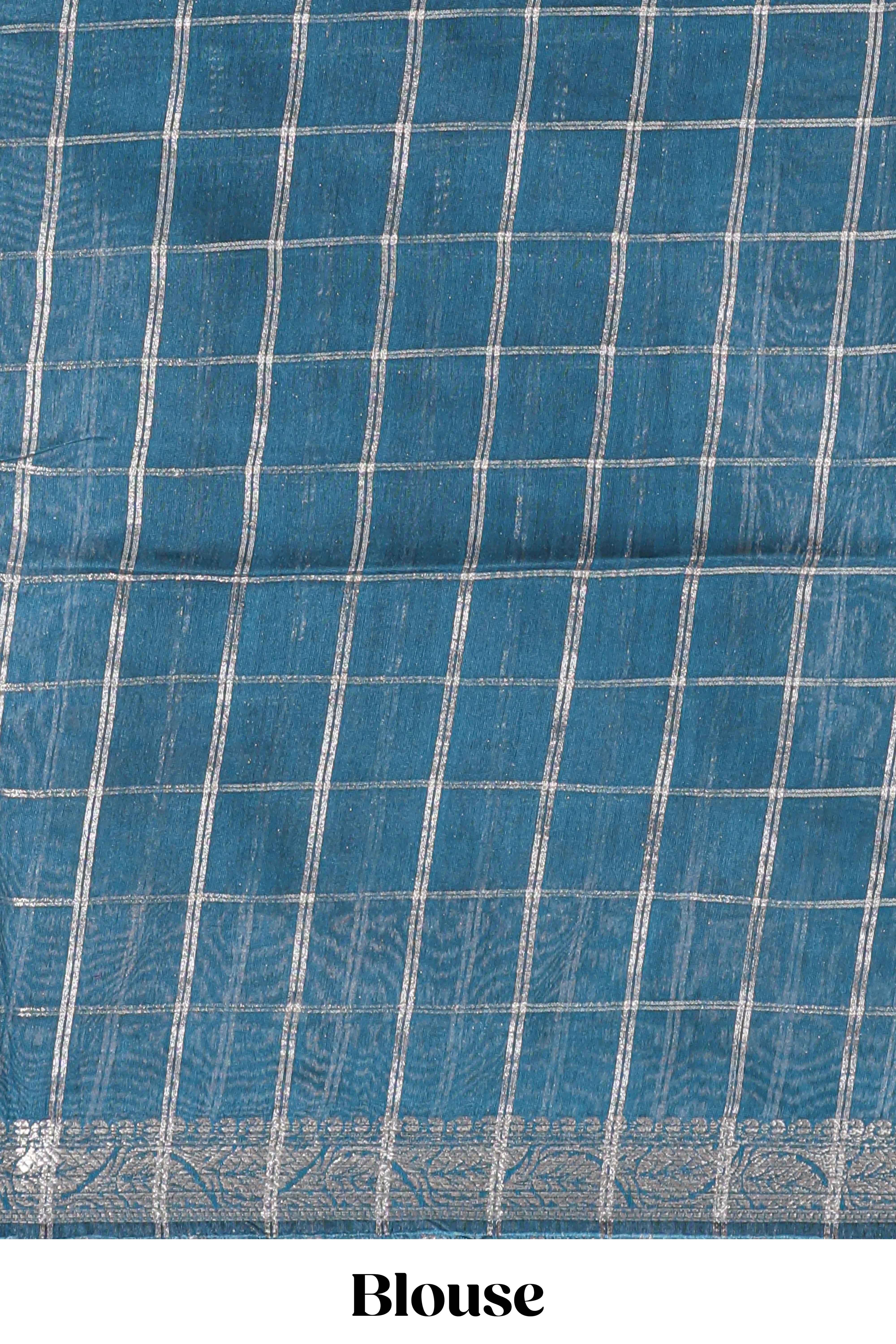 Red checked bottom floral design chanderi cotton saree with contrast border and checked blouse