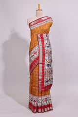 Mustard checked bottom floral design chanderi cotton saree with contrast border and checked blouse