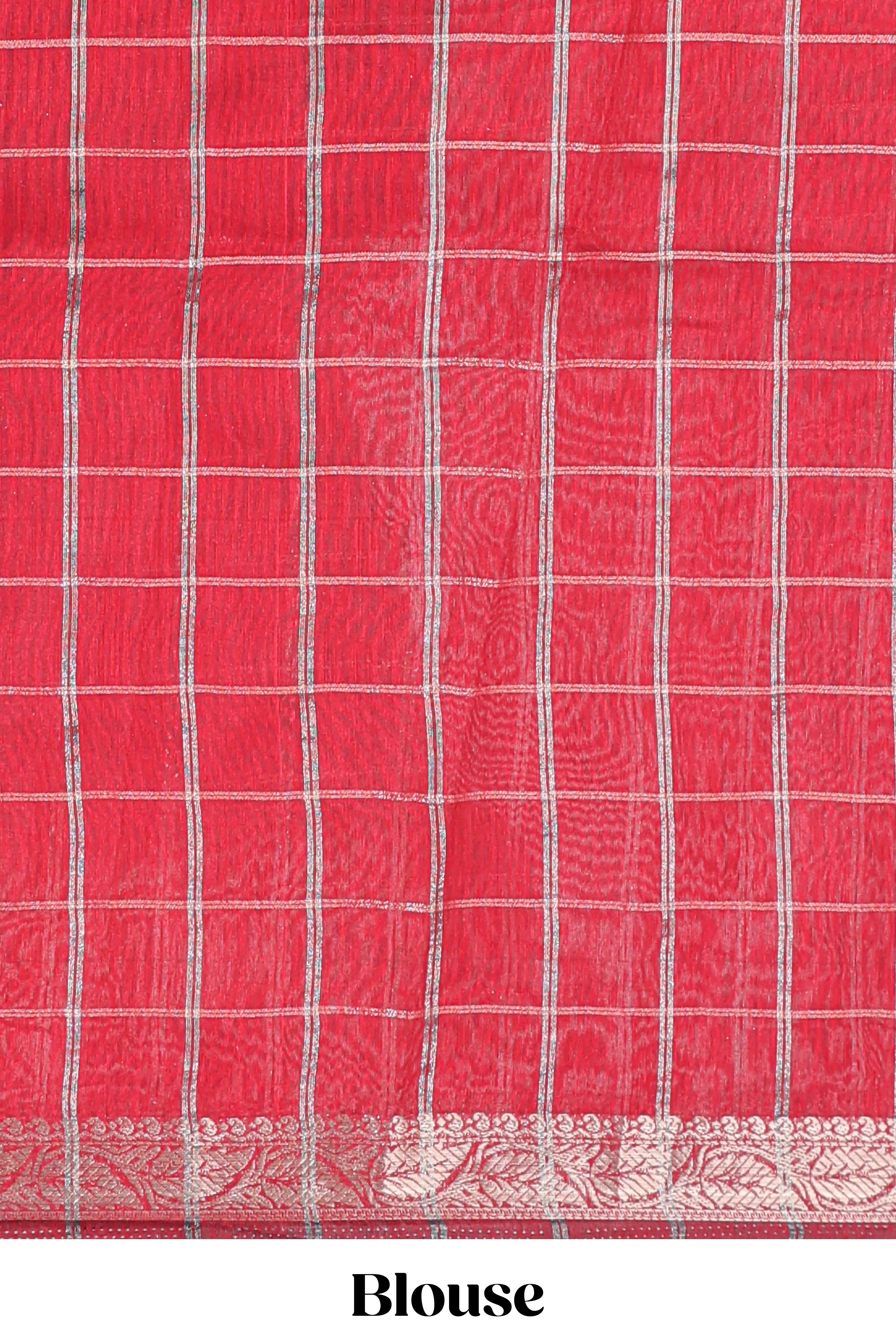Mustard checked bottom floral design chanderi cotton saree with contrast border and checked blouse