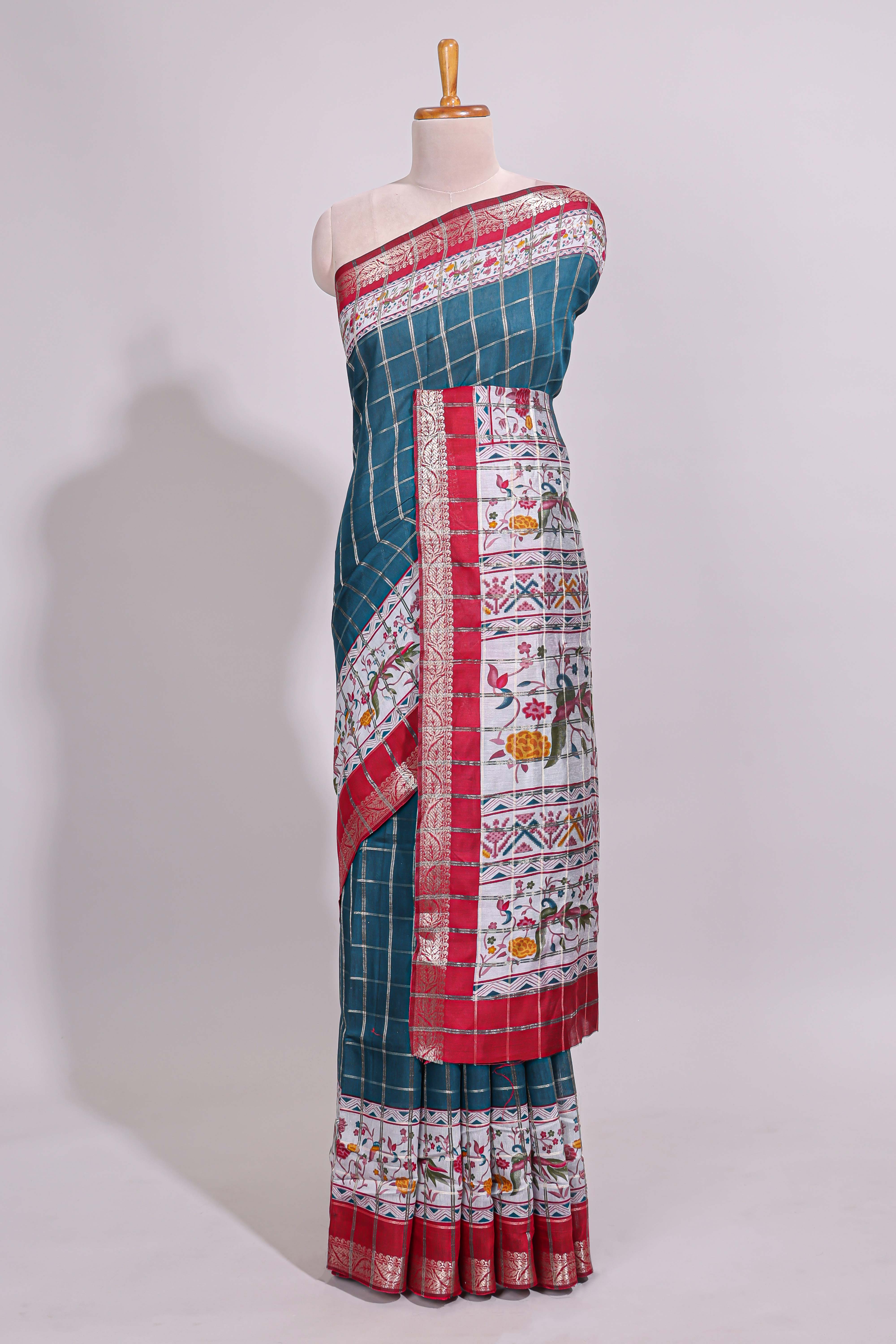 Midnight blue checked bottom floral design chanderi cotton saree with contrast border and checked blouse