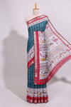 Midnight blue checked bottom floral design chanderi cotton saree with contrast border and checked blouse