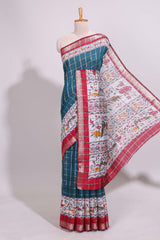 Midnight blue checked bottom floral design chanderi cotton saree with contrast border and checked blouse