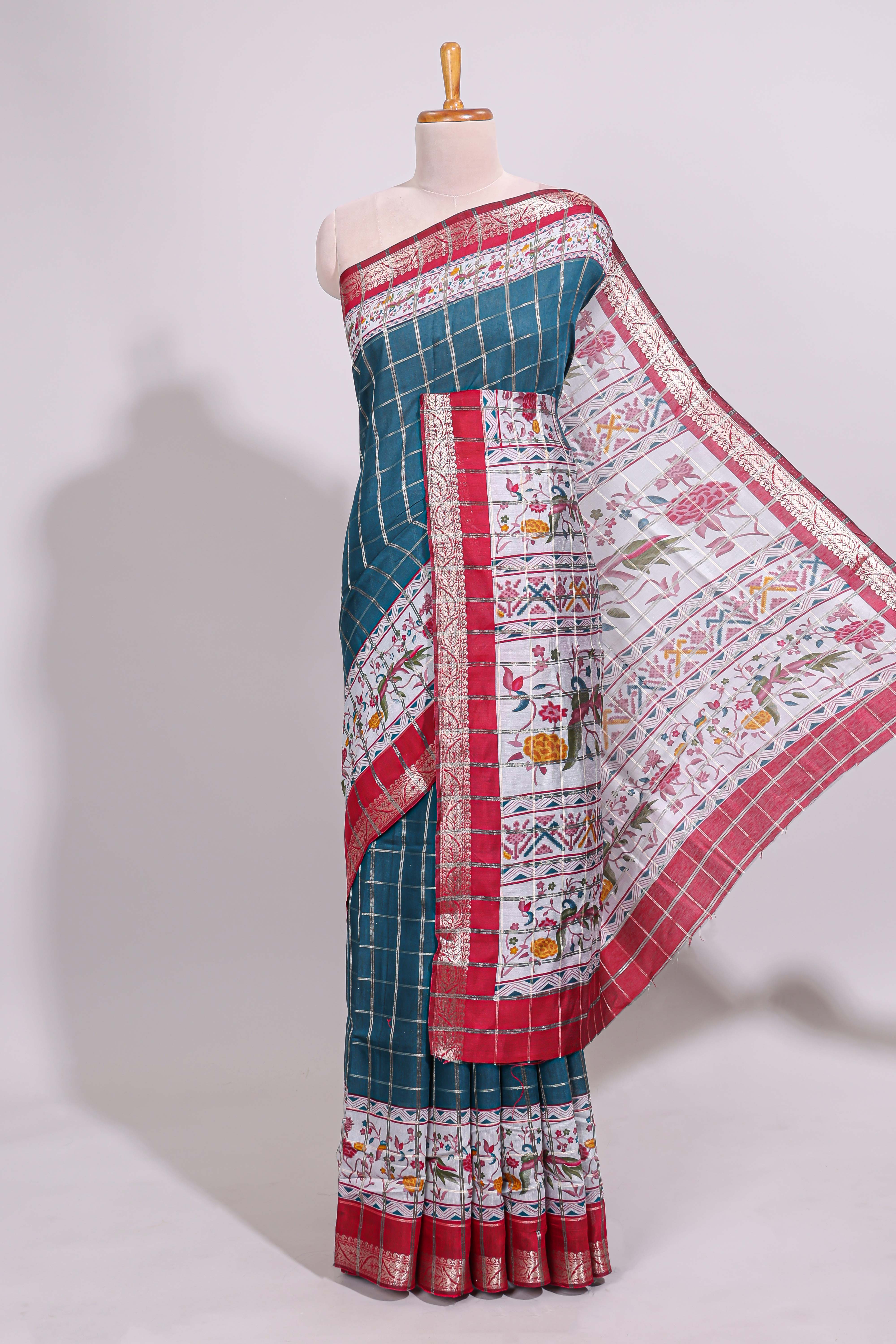 Midnight blue checked bottom floral design chanderi cotton saree with contrast border and checked blouse