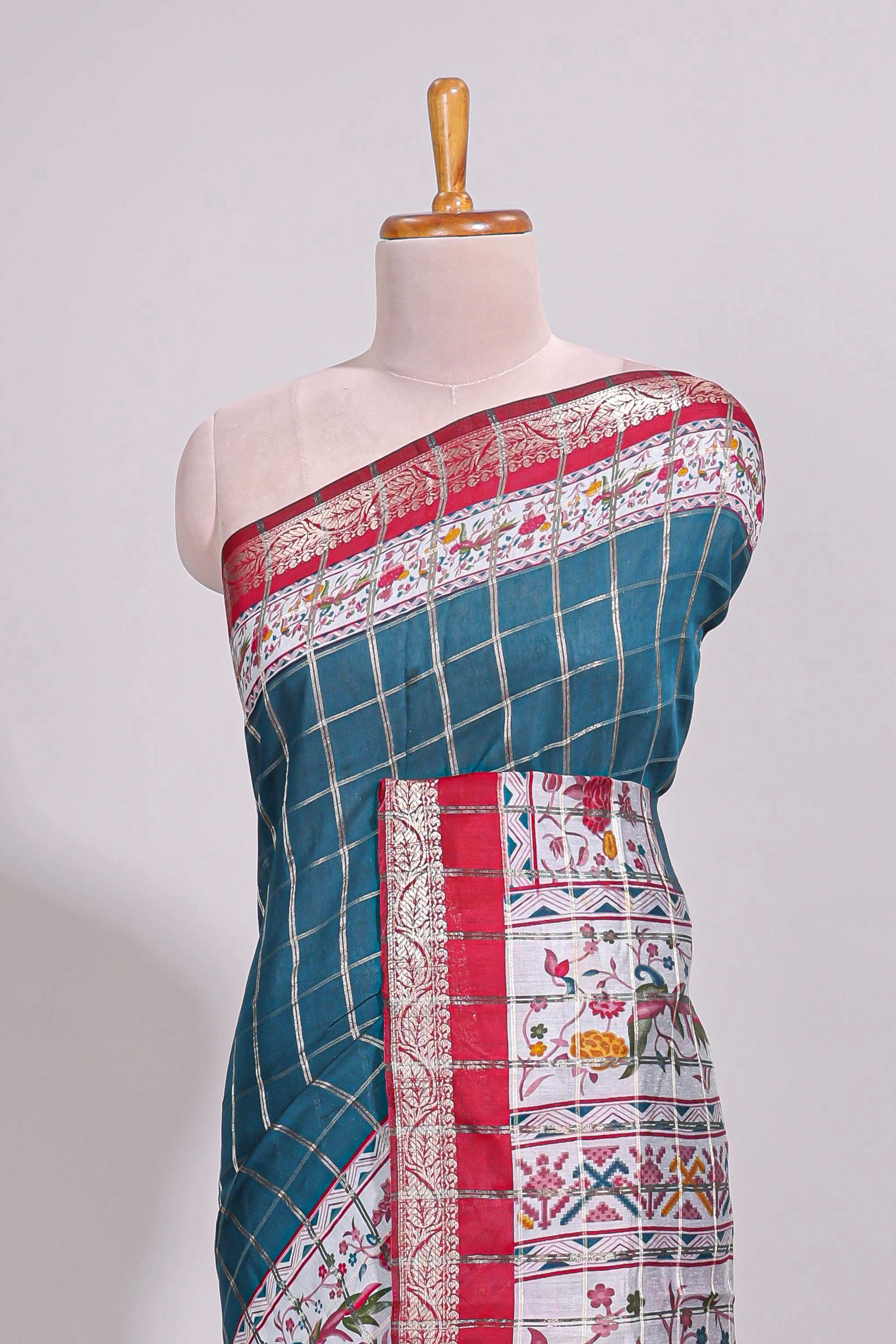 Midnight blue checked bottom floral design chanderi cotton saree with contrast border and checked blouse