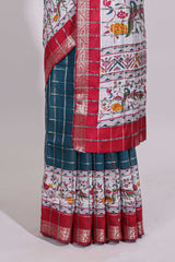 Midnight blue checked bottom floral design chanderi cotton saree with contrast border and checked blouse