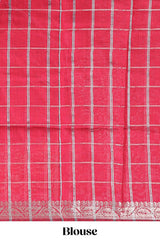 Midnight blue checked bottom floral design chanderi cotton saree with contrast border and checked blouse