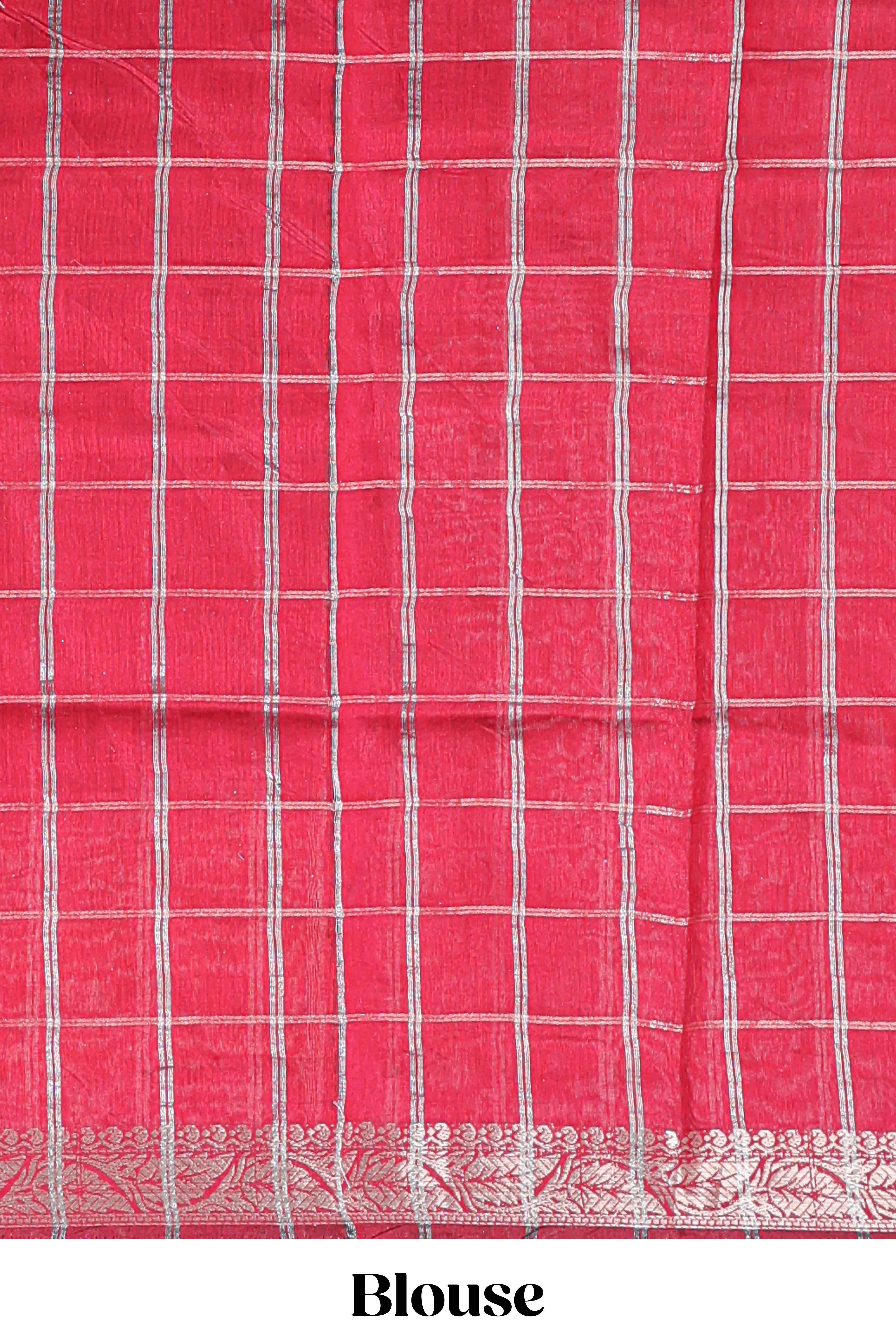 Midnight blue checked bottom floral design chanderi cotton saree with contrast border and checked blouse
