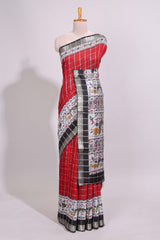Red checked bottom floral design chanderi cotton saree with contrast black border and checked blouse