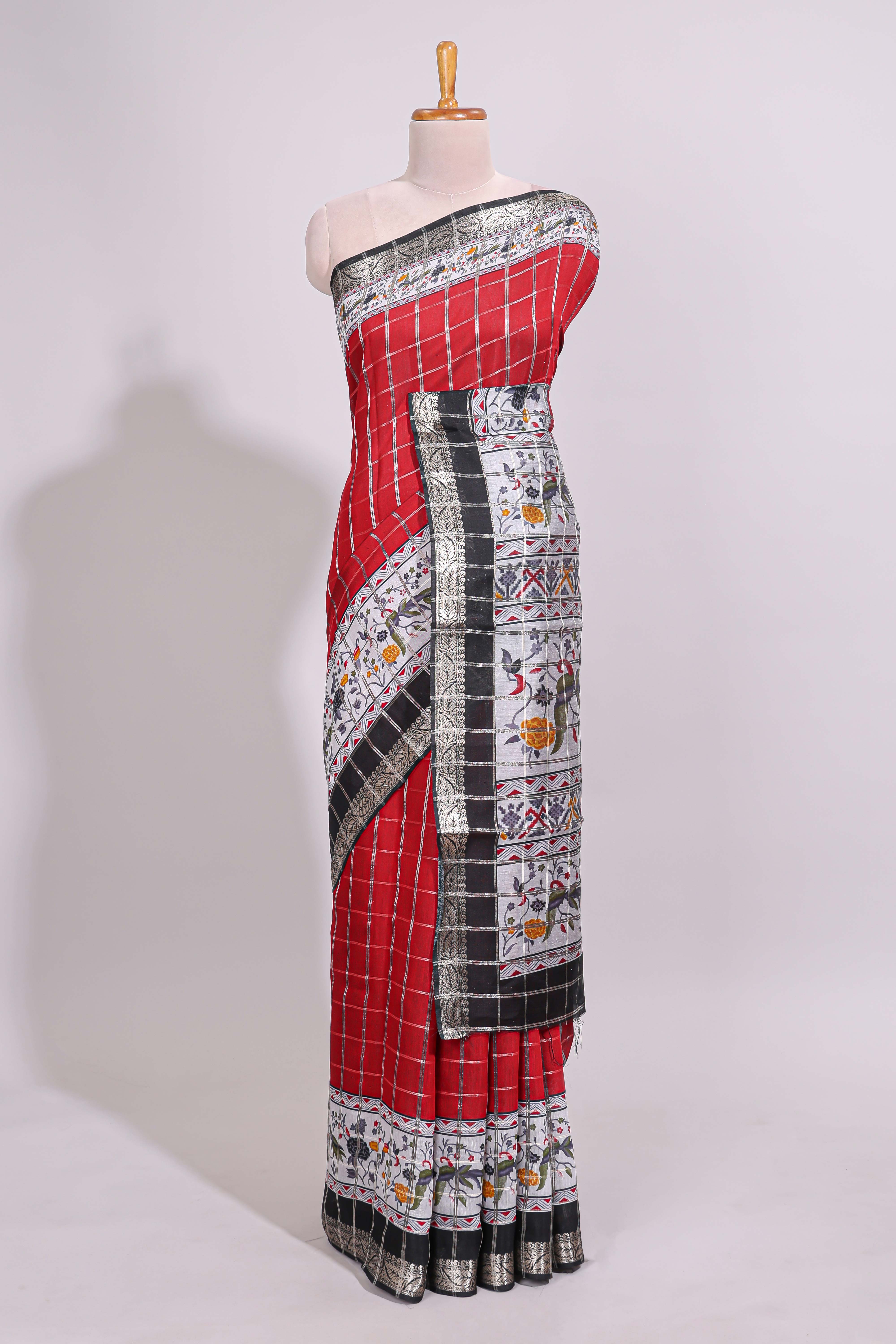 Red checked bottom floral design chanderi cotton saree with contrast black border and checked blouse