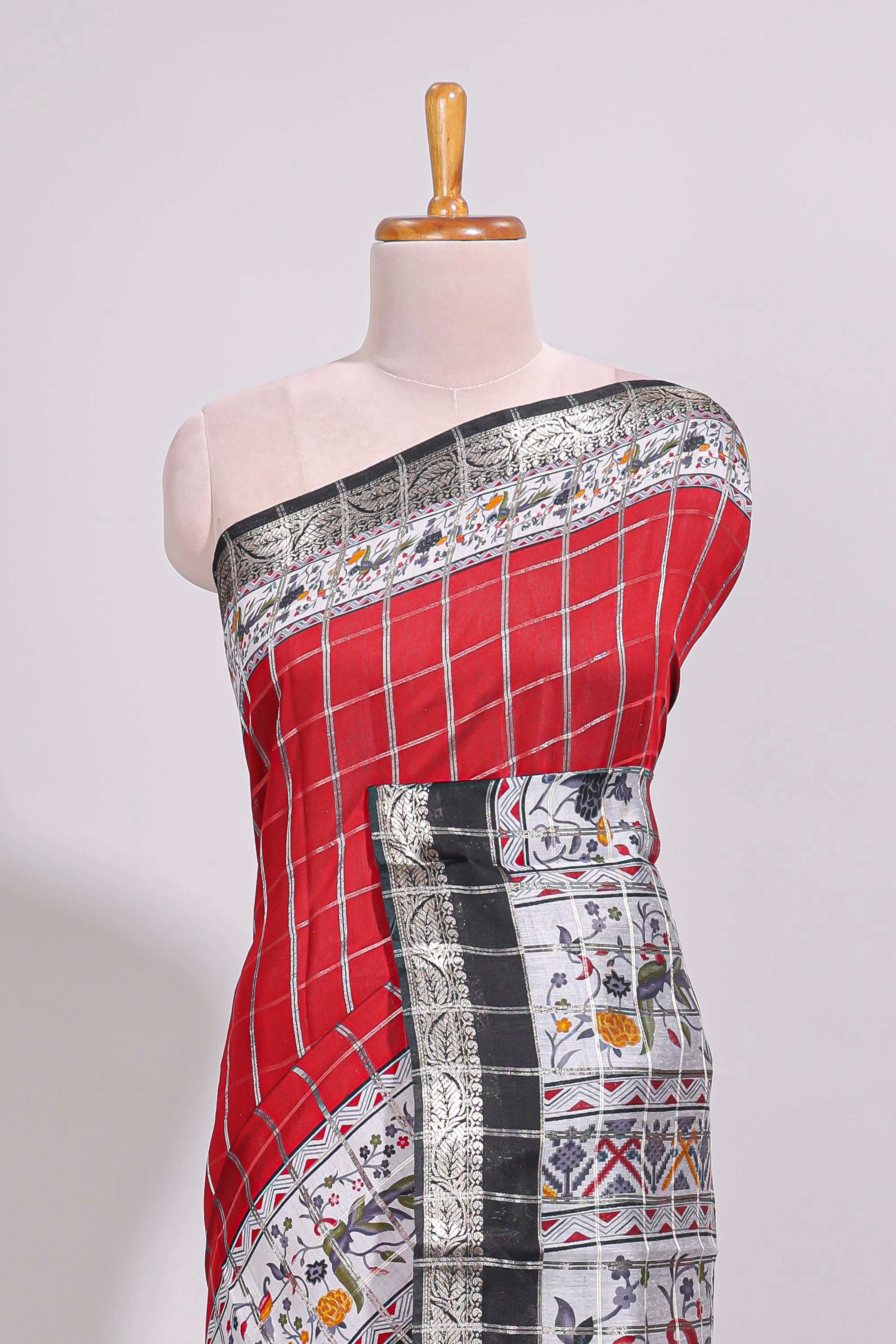 Red checked bottom floral design chanderi cotton saree with contrast black border and checked blouse