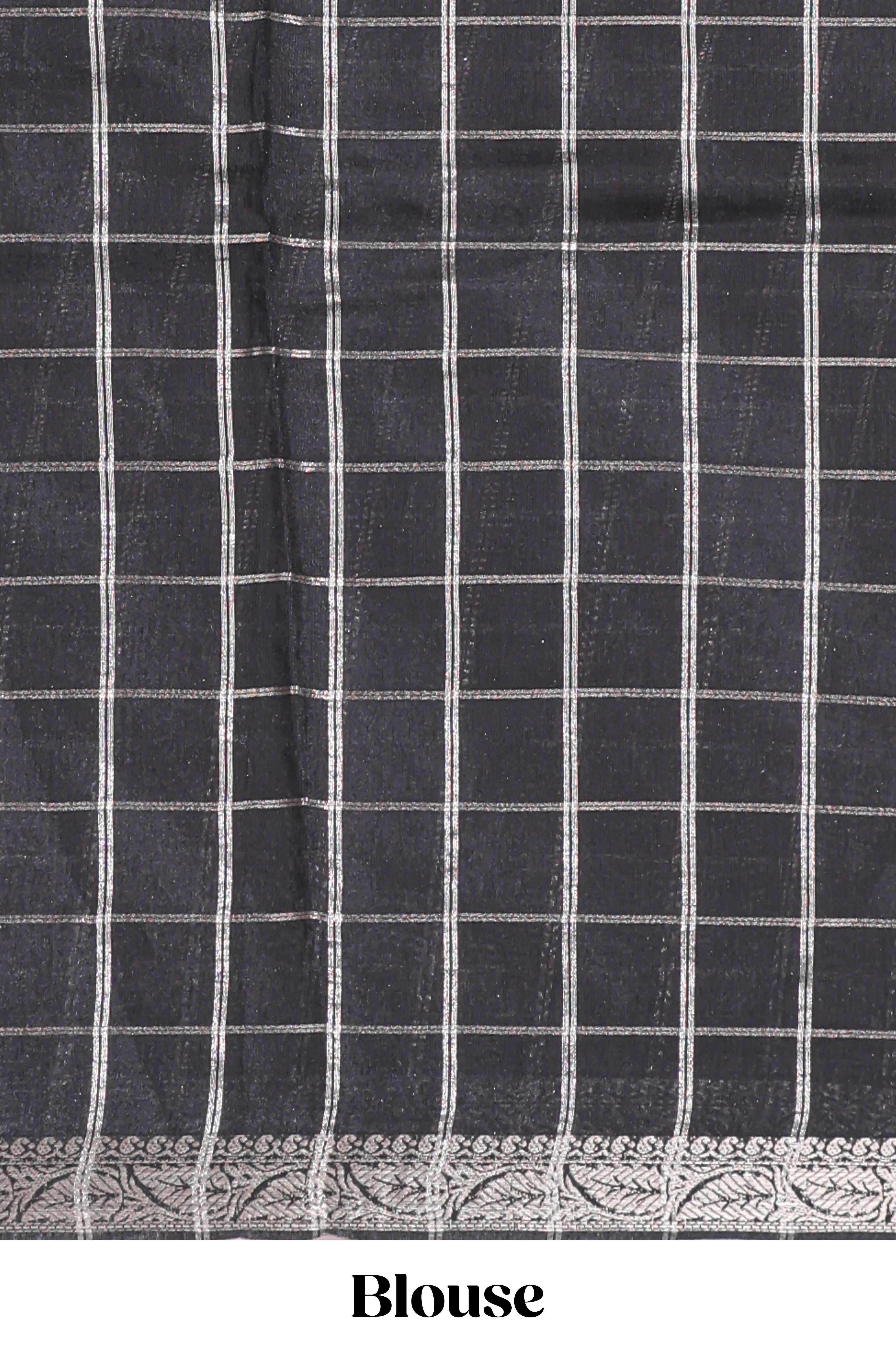 Red checked bottom floral design chanderi cotton saree with contrast black border and checked blouse