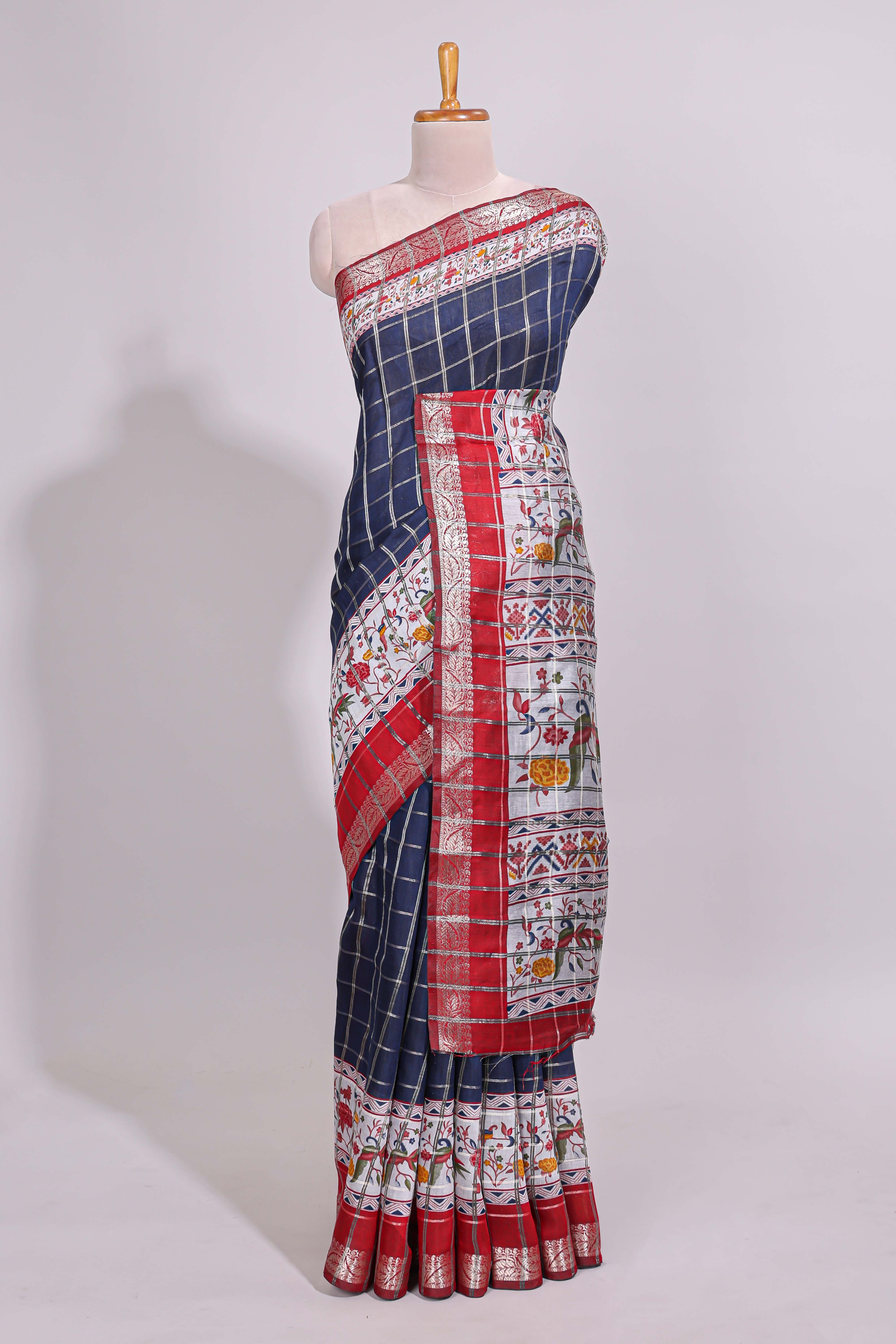 Blue checked bottom floral design chanderi cotton saree with contrast border and checked blouse