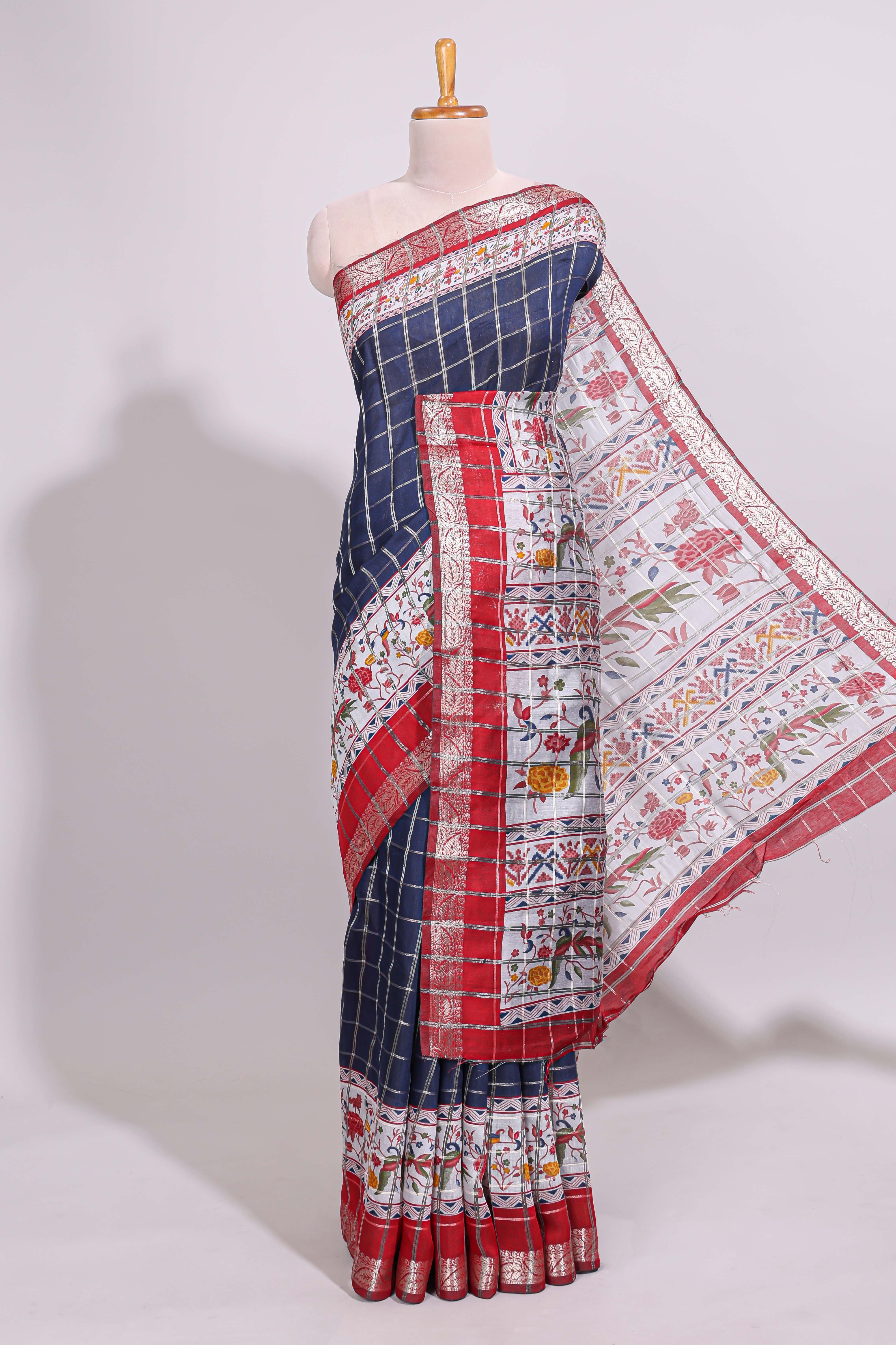 Blue checked bottom floral design chanderi cotton saree with contrast border and checked blouse