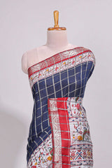 Blue checked bottom floral design chanderi cotton saree with contrast border and checked blouse