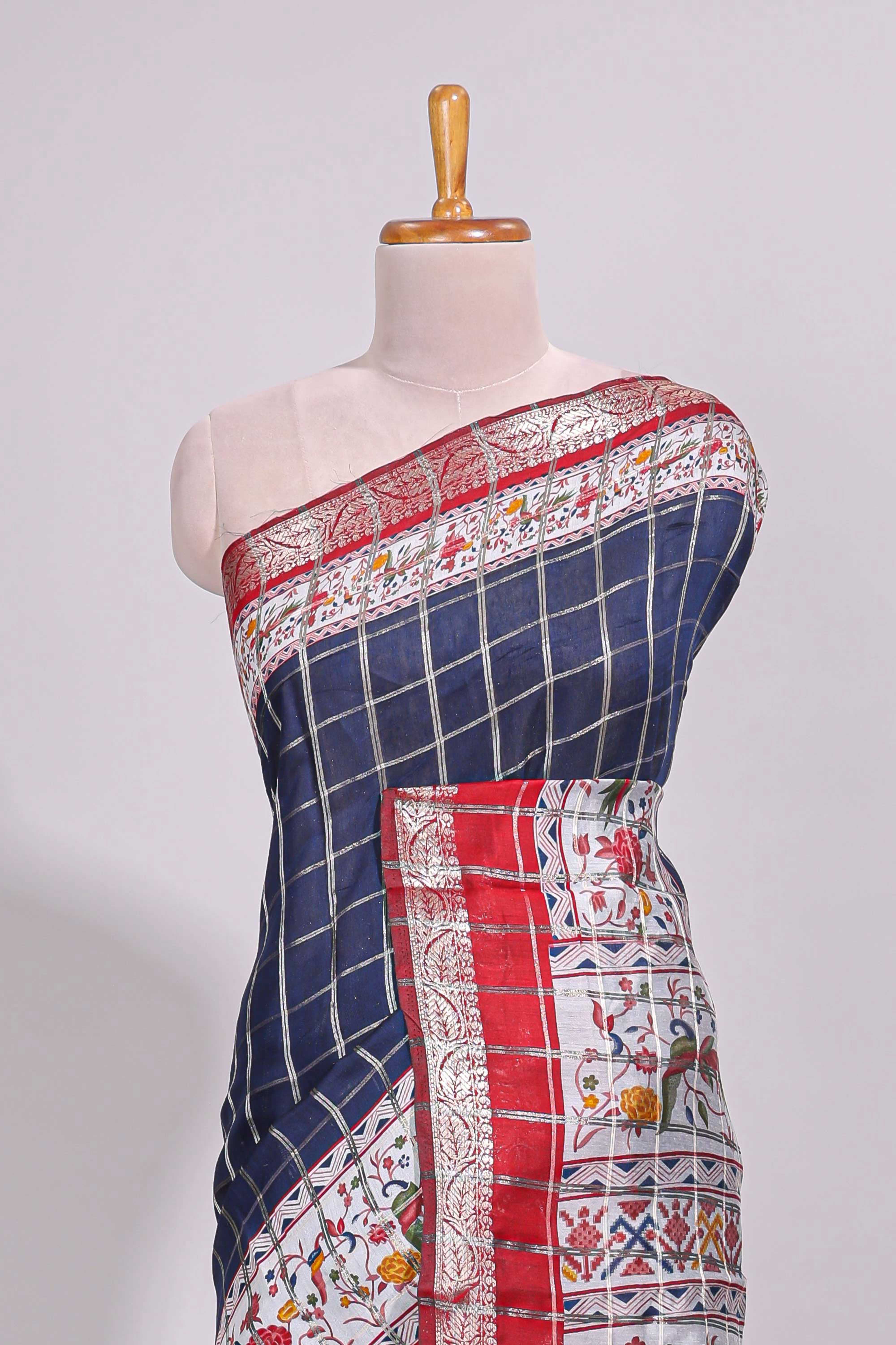 Blue checked bottom floral design chanderi cotton saree with contrast border and checked blouse