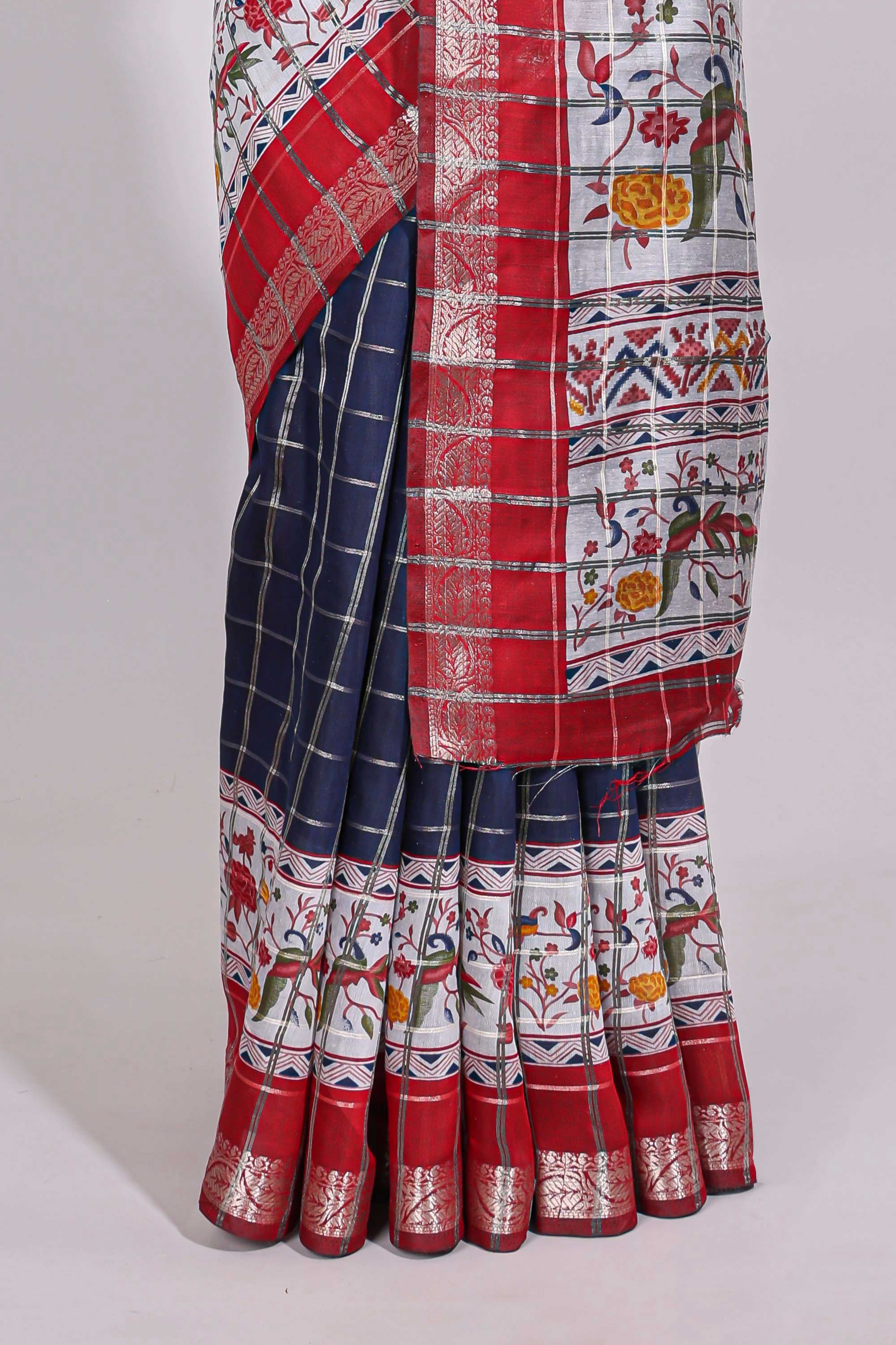 Blue checked bottom floral design chanderi cotton saree with contrast border and checked blouse
