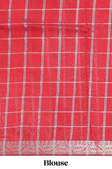 Blue checked bottom floral design chanderi cotton saree with contrast border and checked blouse