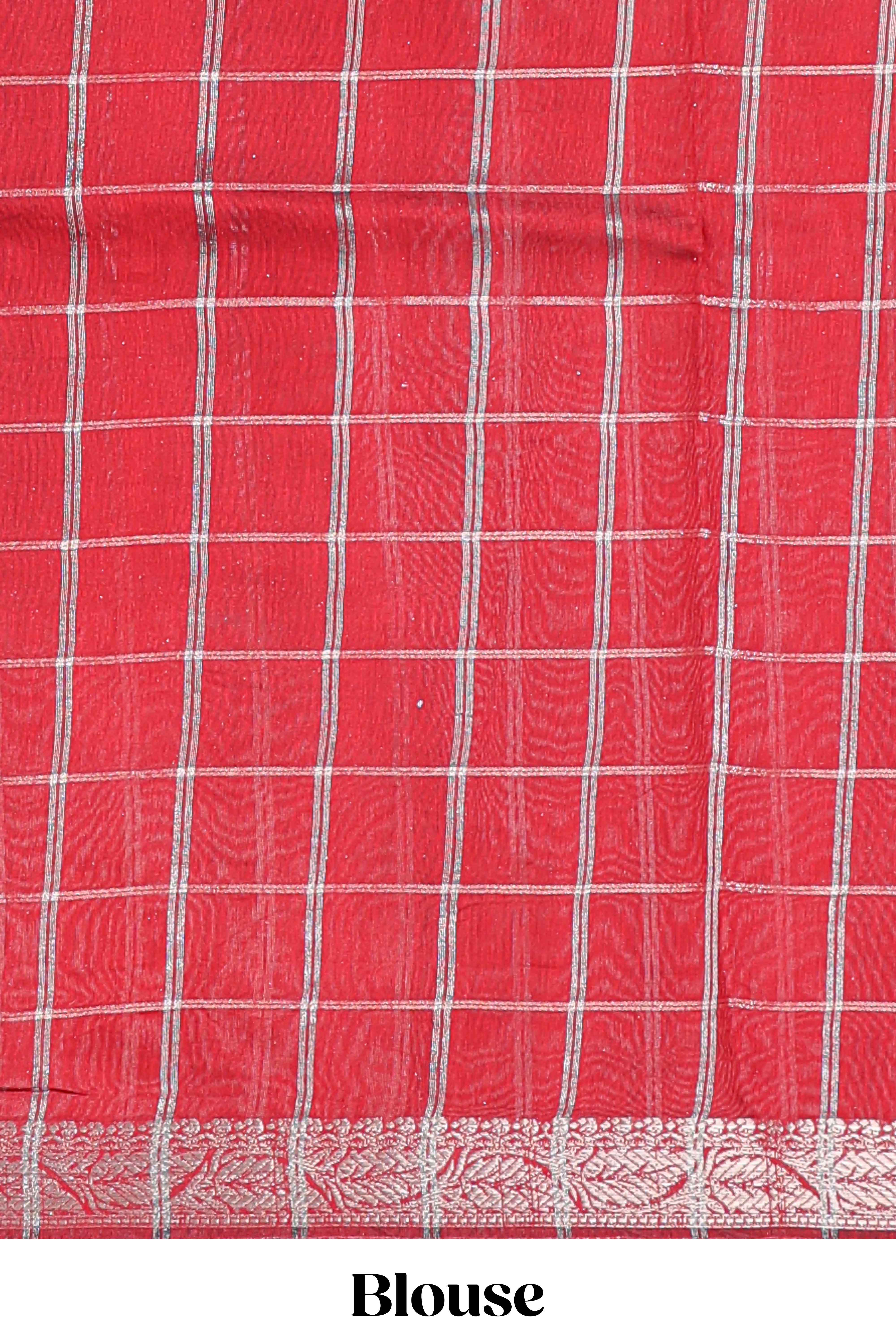 Blue checked bottom floral design chanderi cotton saree with contrast border and checked blouse