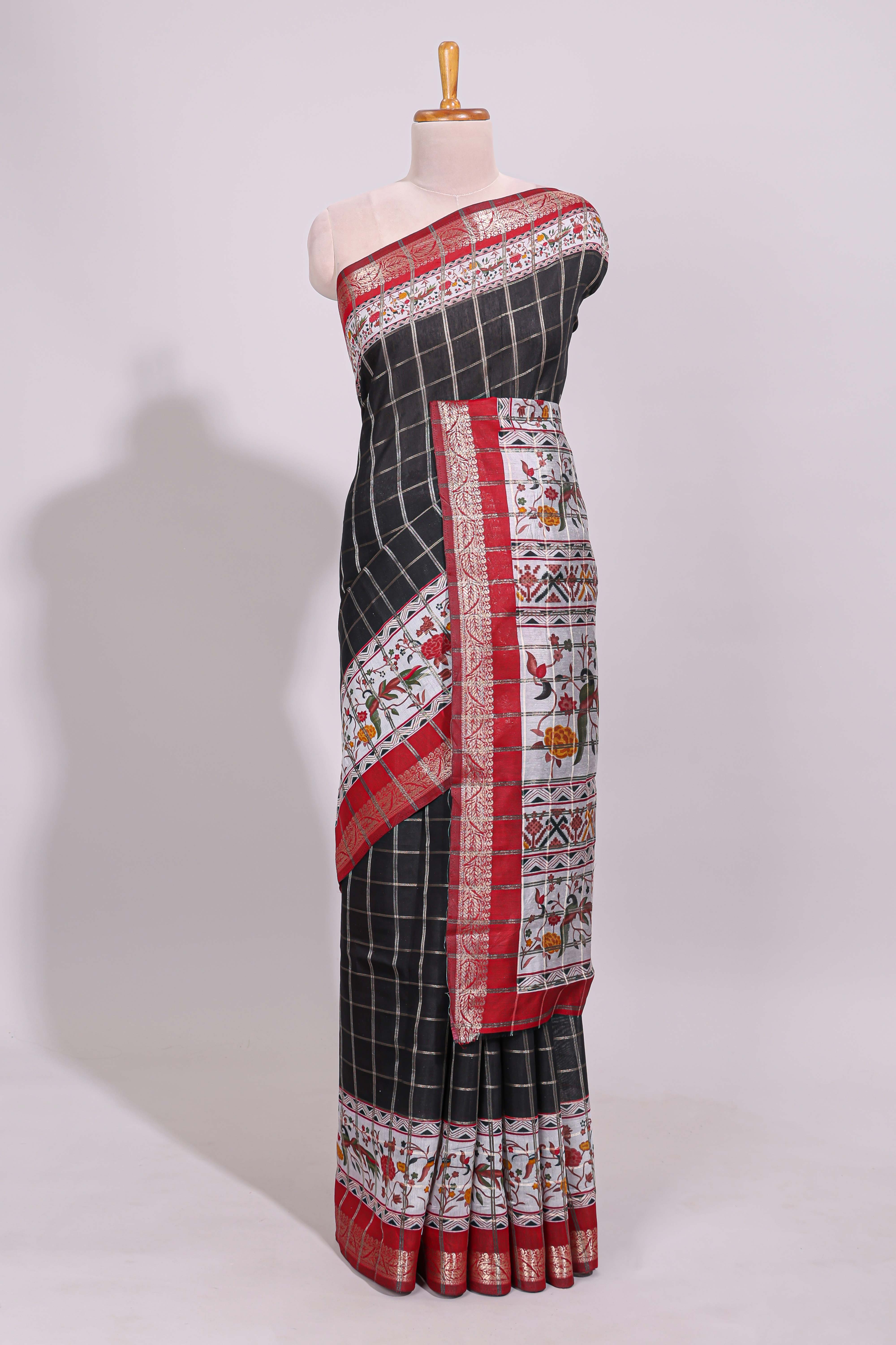 Black checked bottom floral design chanderi cotton saree with contrast border and checked blouse