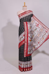 Black checked bottom floral design chanderi cotton saree with contrast border and checked blouse
