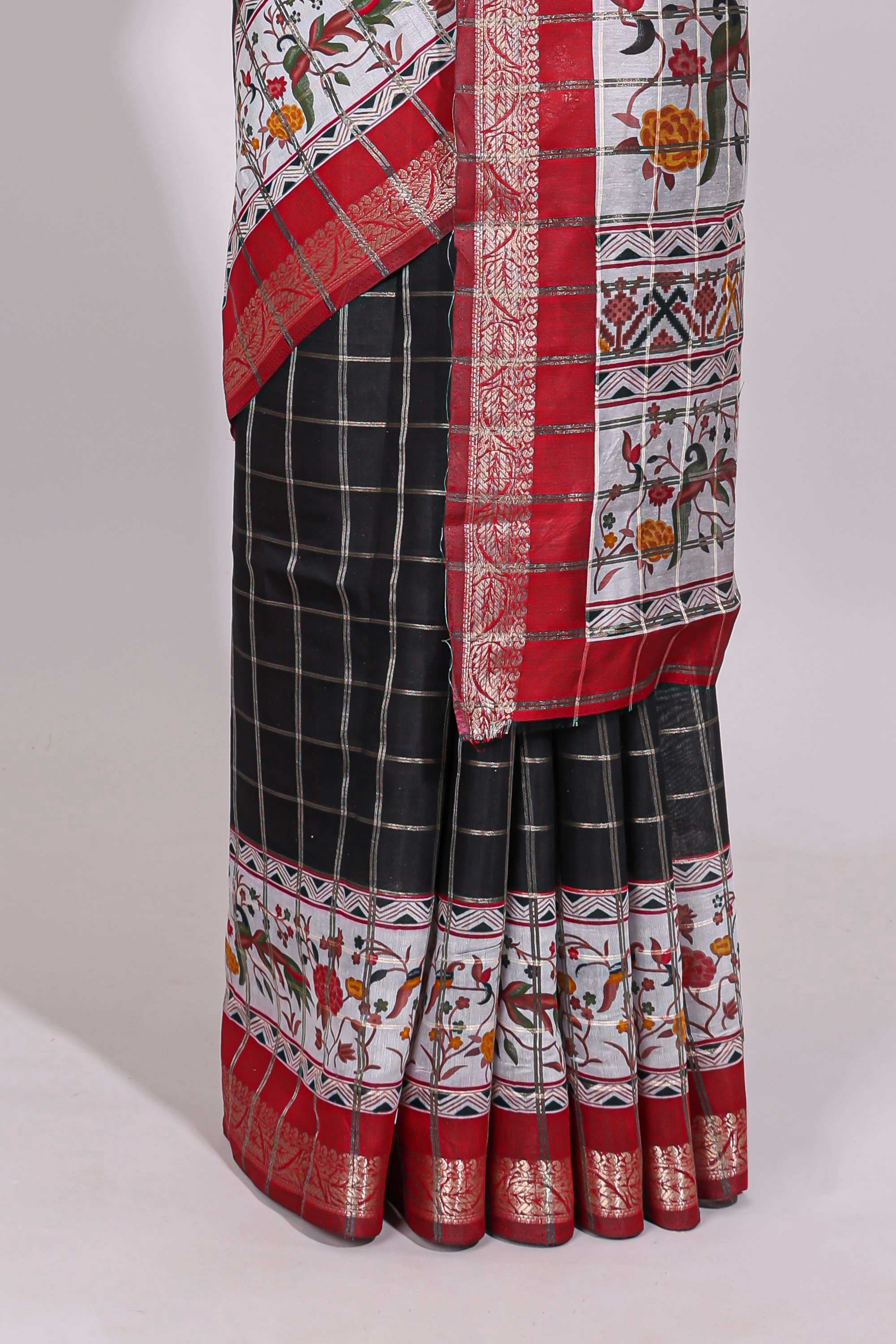 Black checked bottom floral design chanderi cotton saree with contrast border and checked blouse