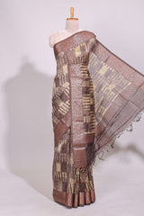 Sandal geometric checked design chanderi cotton saree with contrast zari border and plain blouse