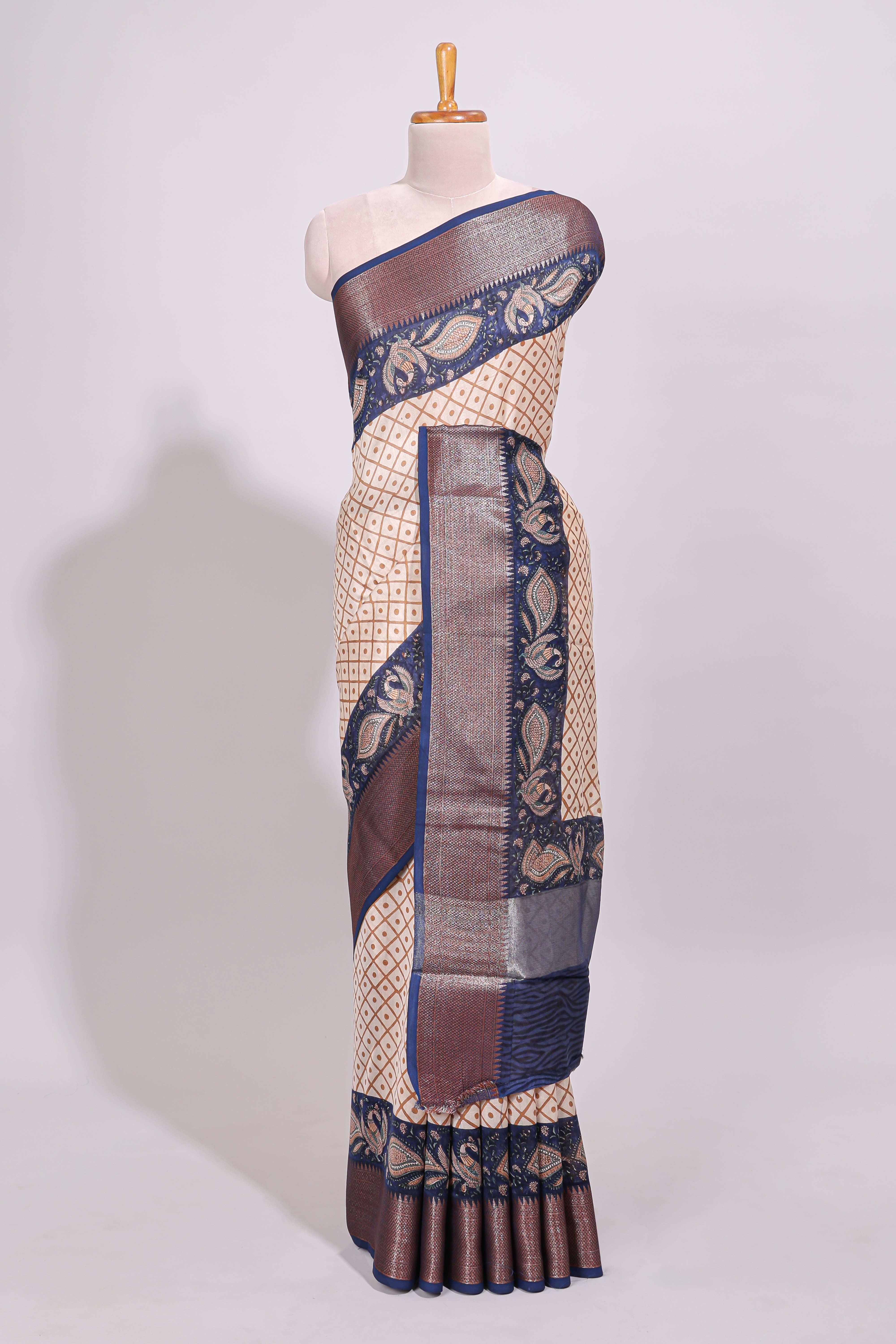 Cream geometric checked motifs chanderi cotton saree with contrast zari border and printed blouse