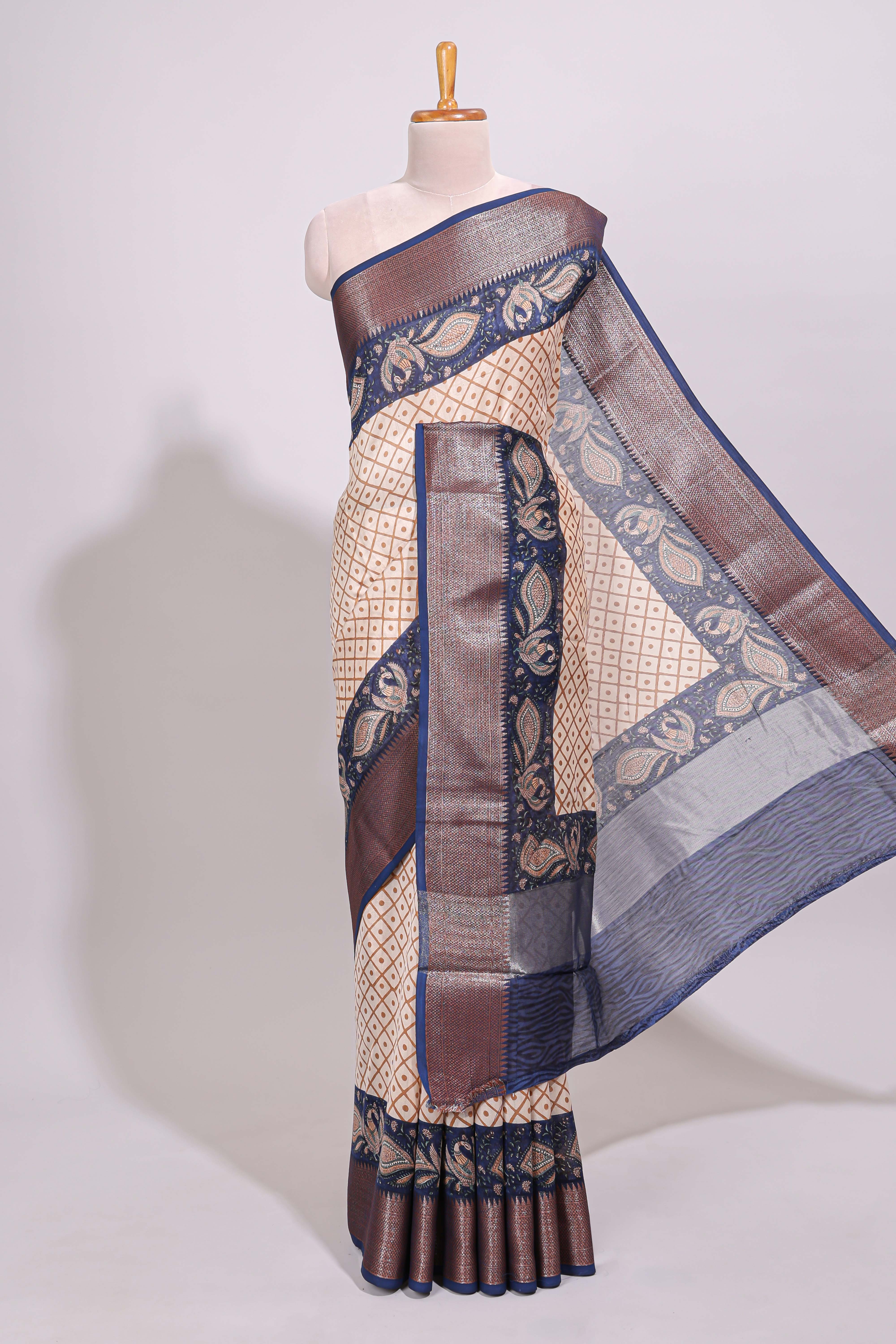 Cream geometric checked motifs chanderi cotton saree with contrast zari border and printed blouse