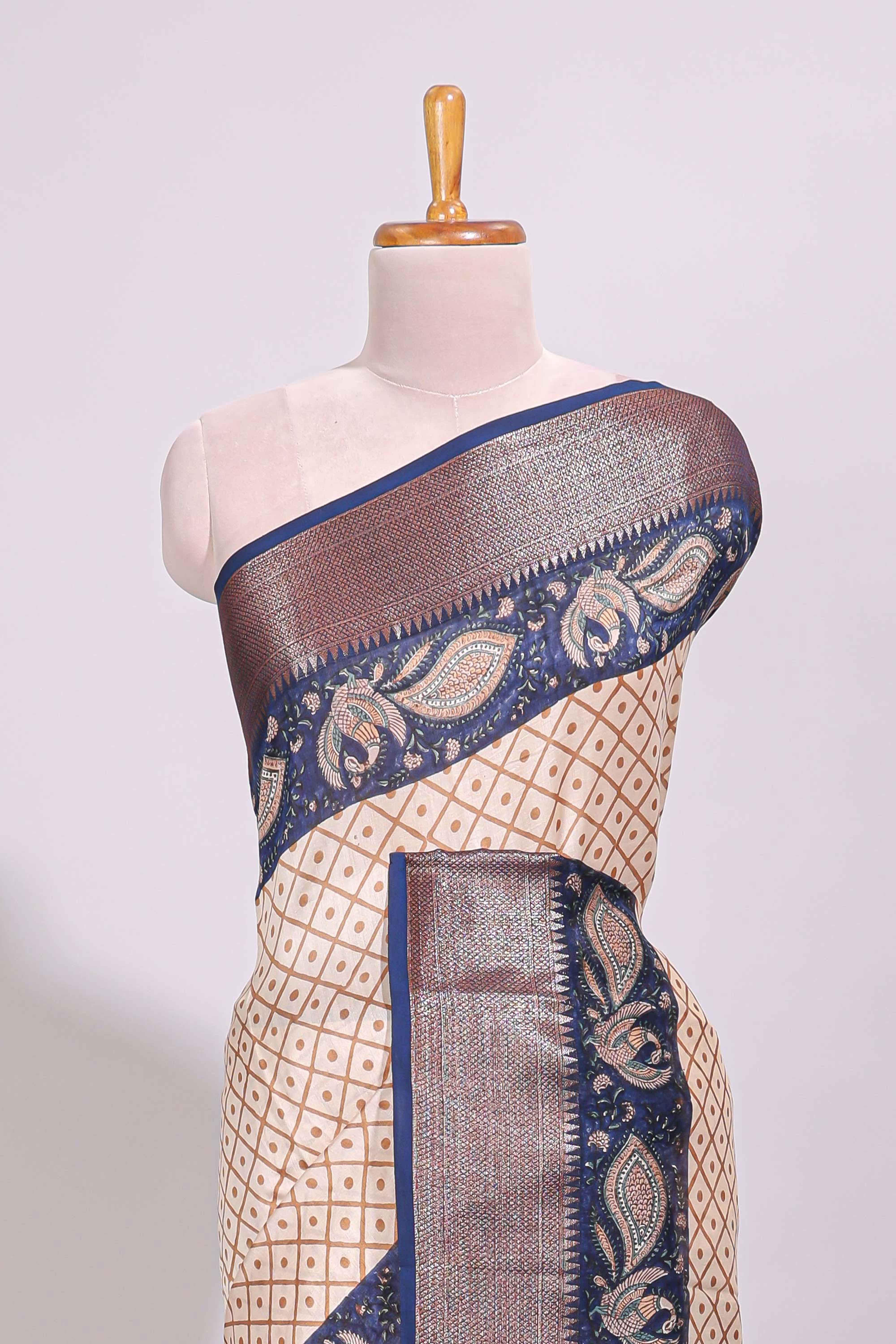 Cream geometric checked motifs chanderi cotton saree with contrast zari border and printed blouse