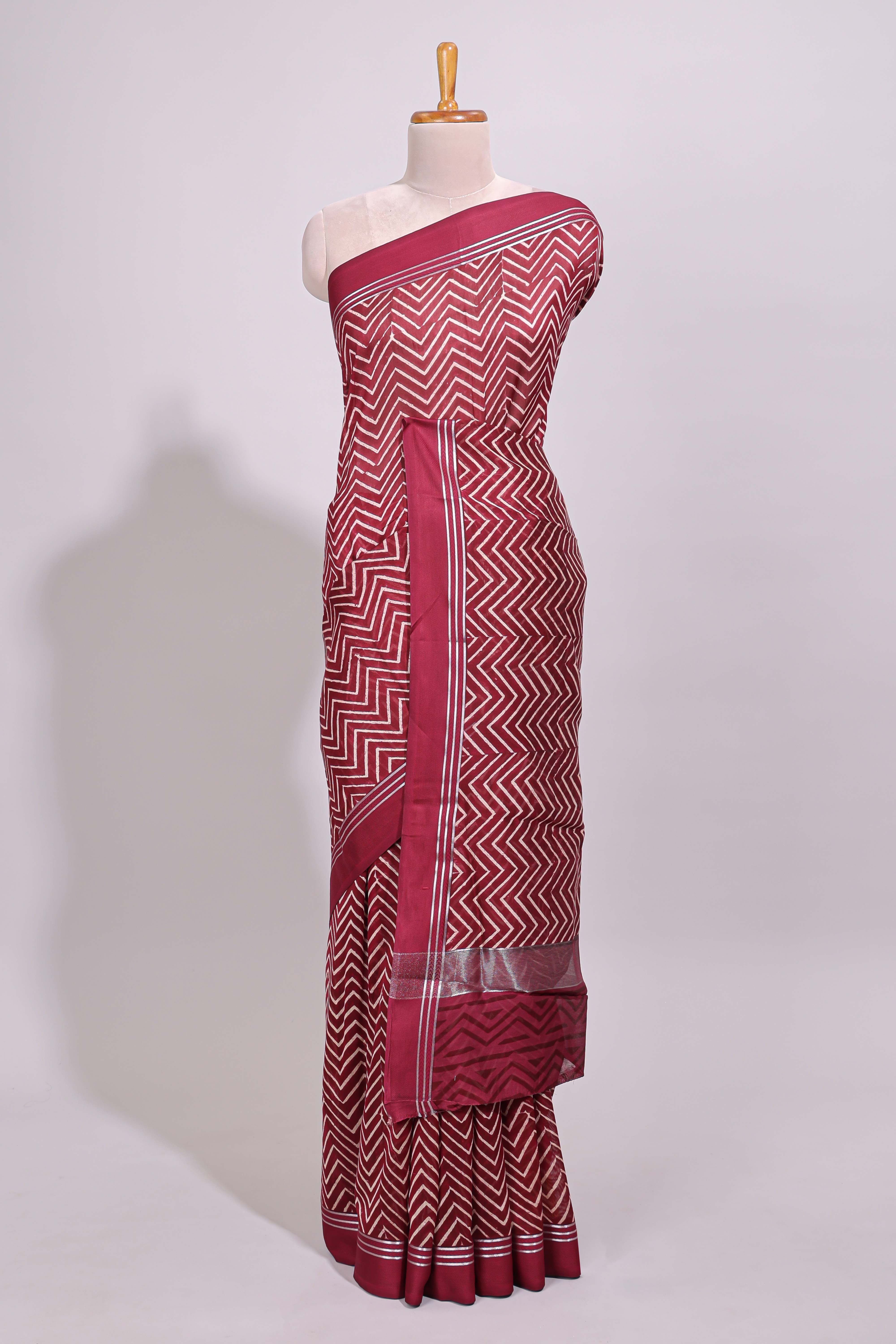 Maroon chevron design chanderi cotton saree with self border and matching printed blouse