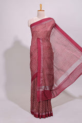 Maroon chevron design chanderi cotton saree with self border and matching printed blouse