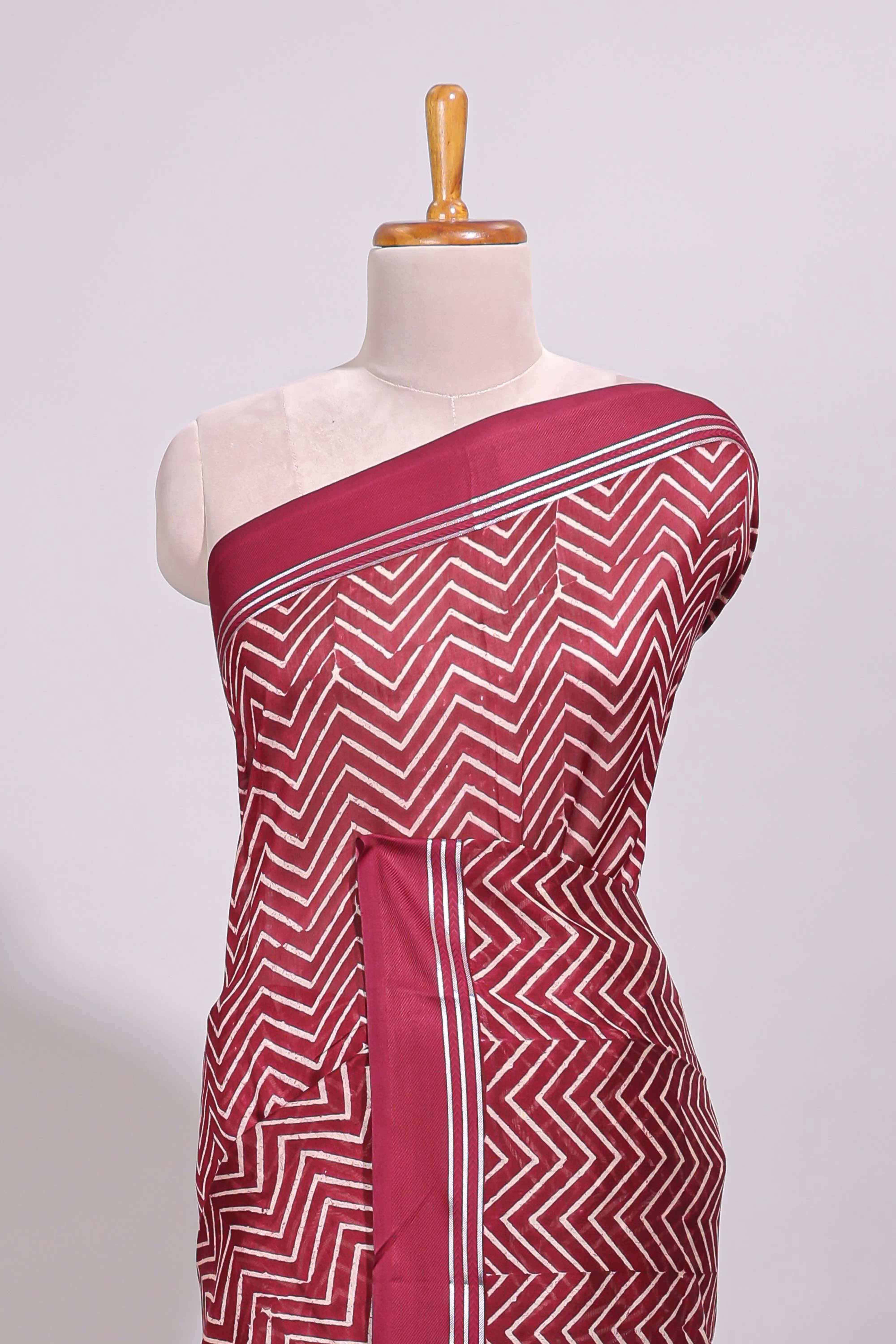 Maroon chevron design chanderi cotton saree with self border and matching printed blouse