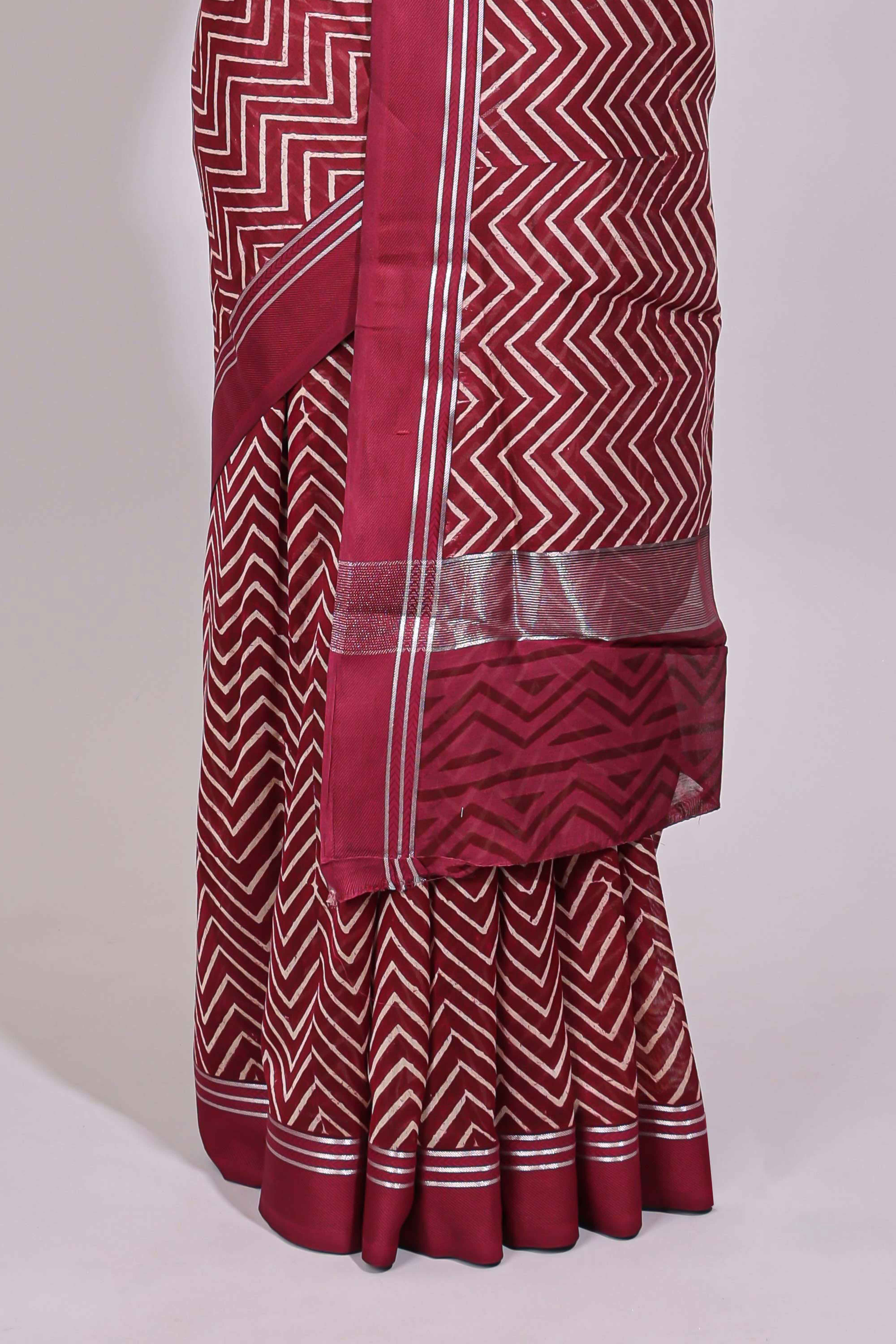 Maroon chevron design chanderi cotton saree with self border and matching printed blouse