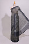 Dark blue chevron design chanderi cotton saree with self border and matching printed blouse
