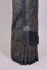 Dark blue chevron design chanderi cotton saree with self border and matching printed blouse