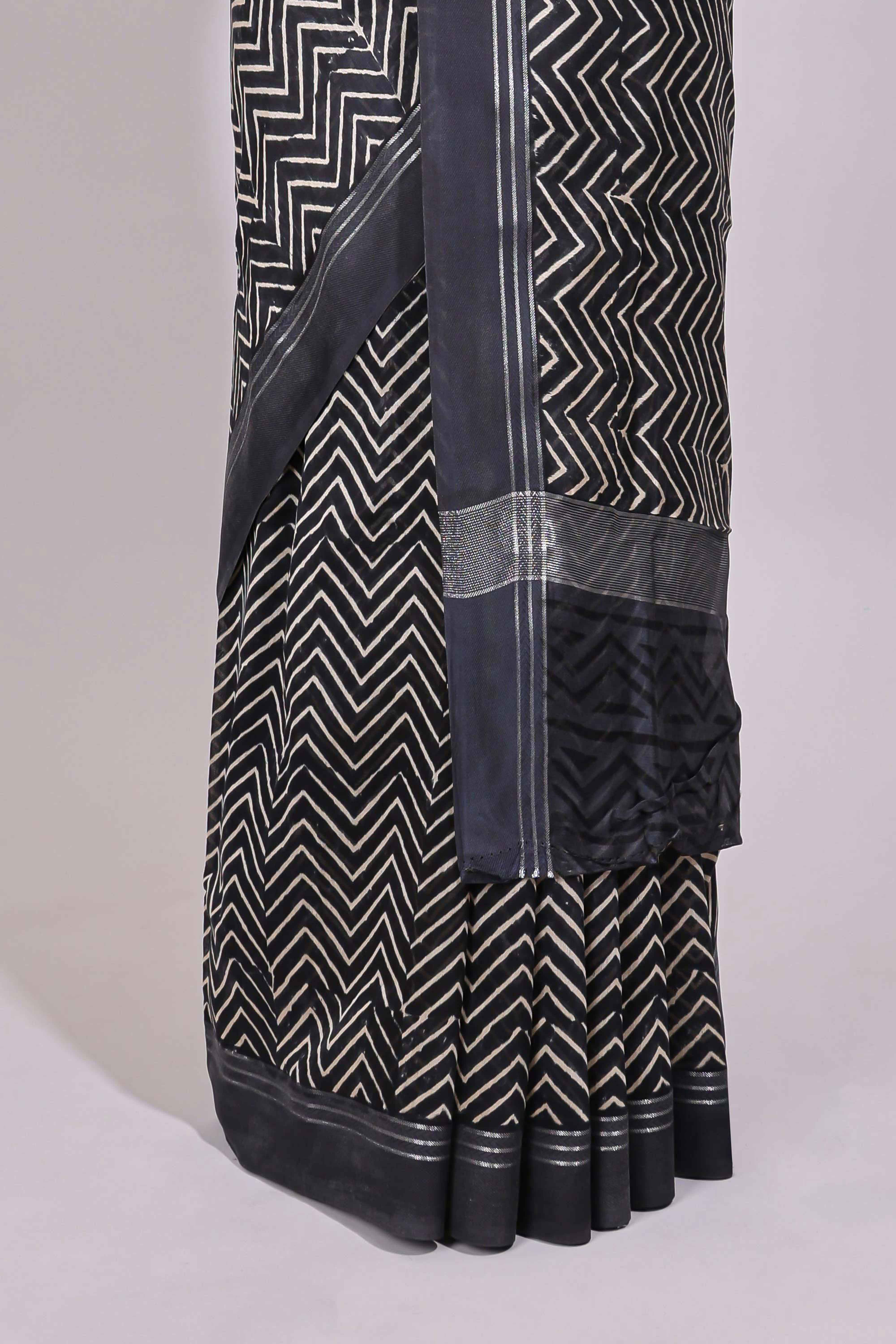 Dark blue chevron design chanderi cotton saree with self border and matching printed blouse